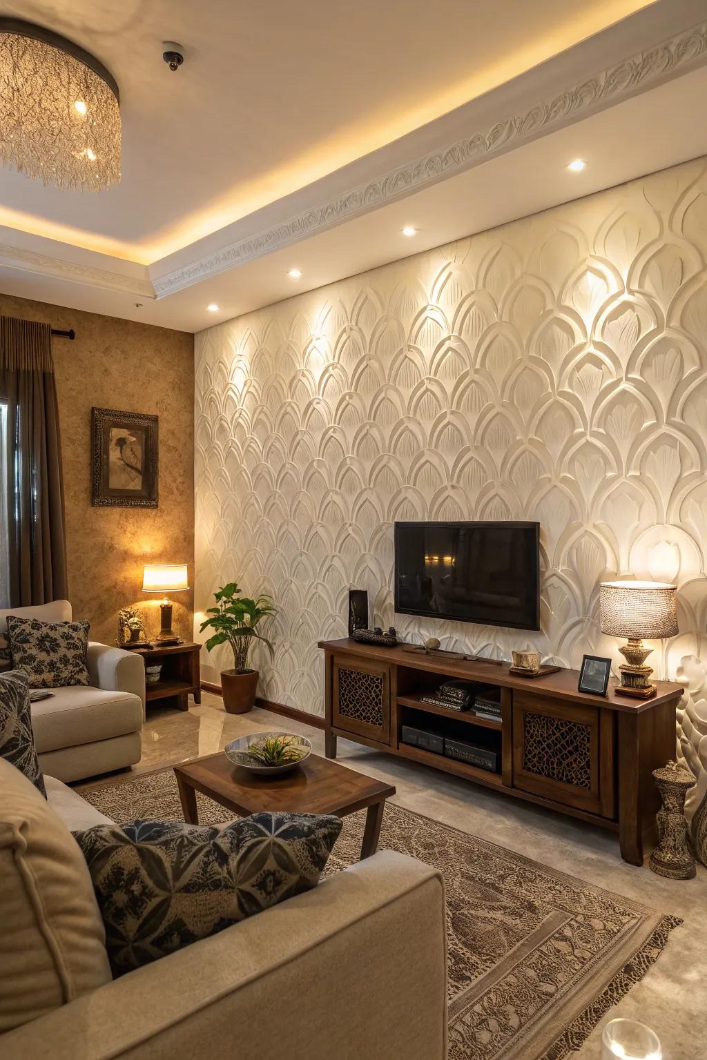 Textured walls add depth to a neutral family room.