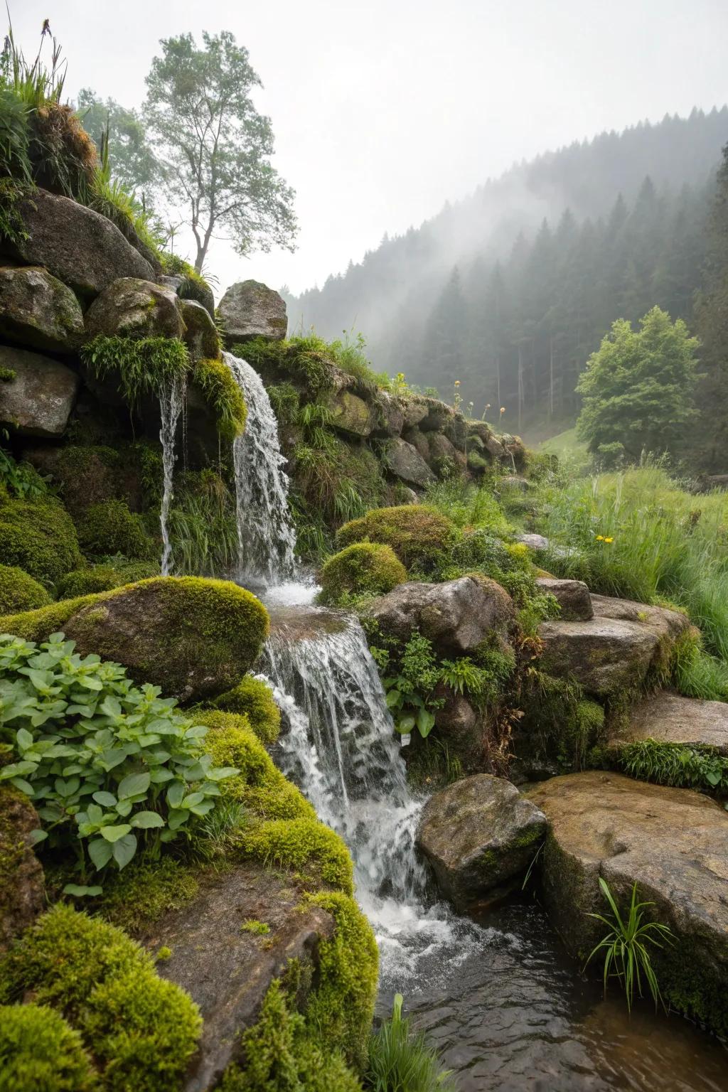 Wild rock arrangements replicate the splendor of wild waterfalls.