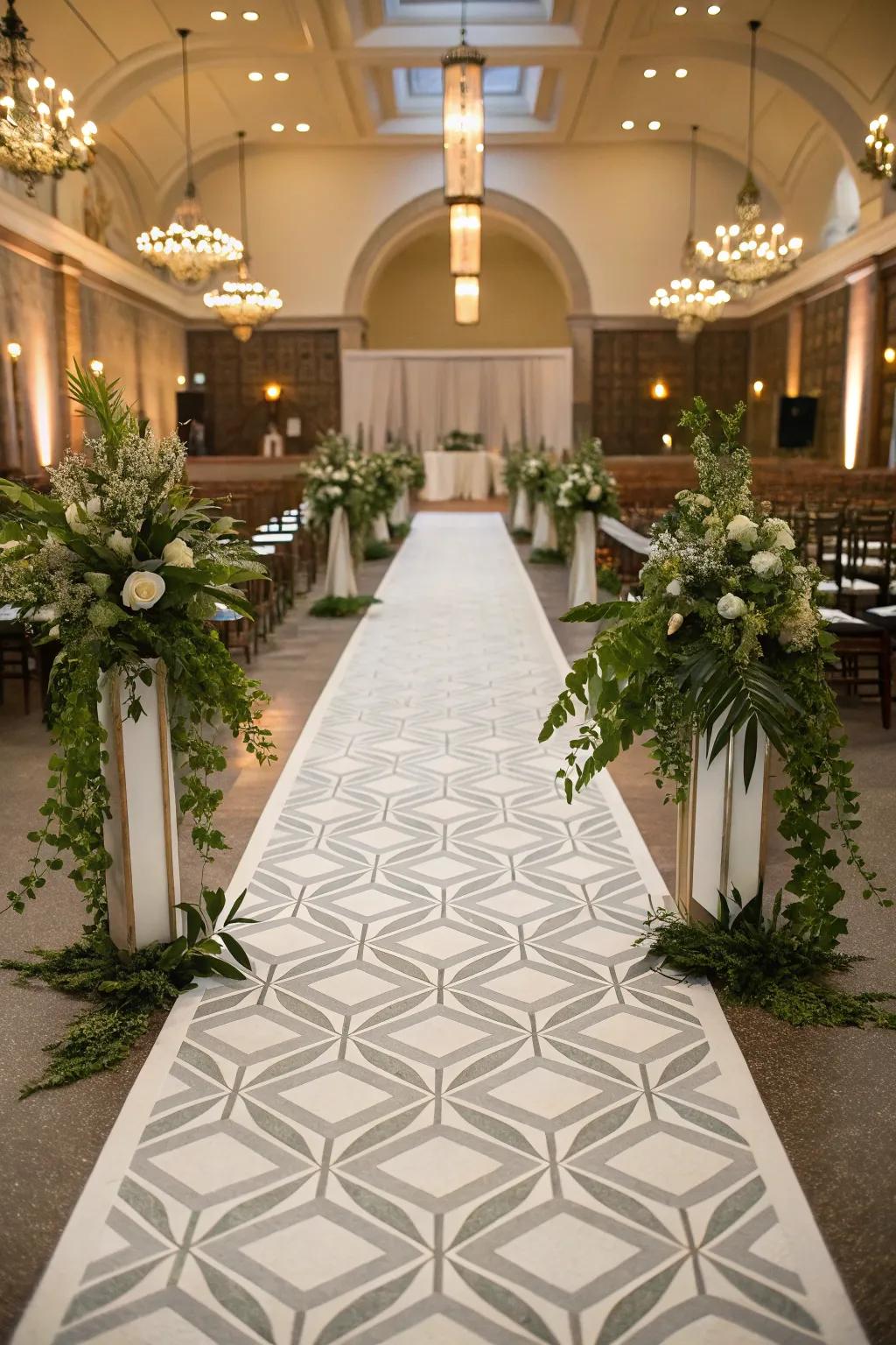 A modern geometric pattern introduces a singular feature to the aisle.