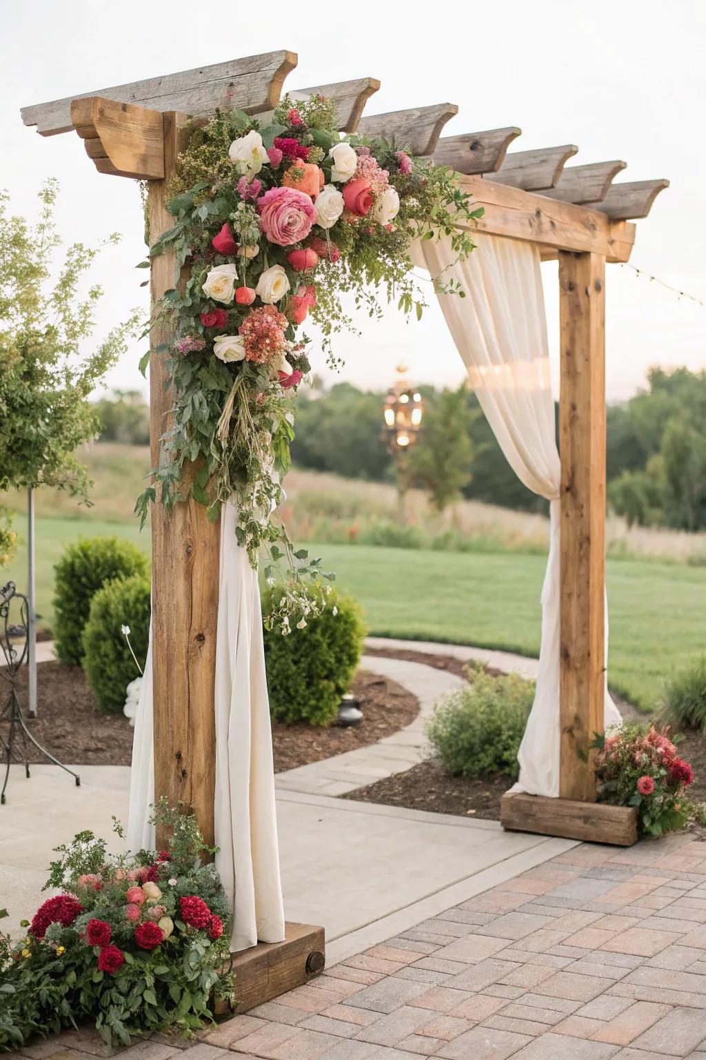 A do-it-yourself observance arch crafted from salvaged timber and adorned with lush florals.