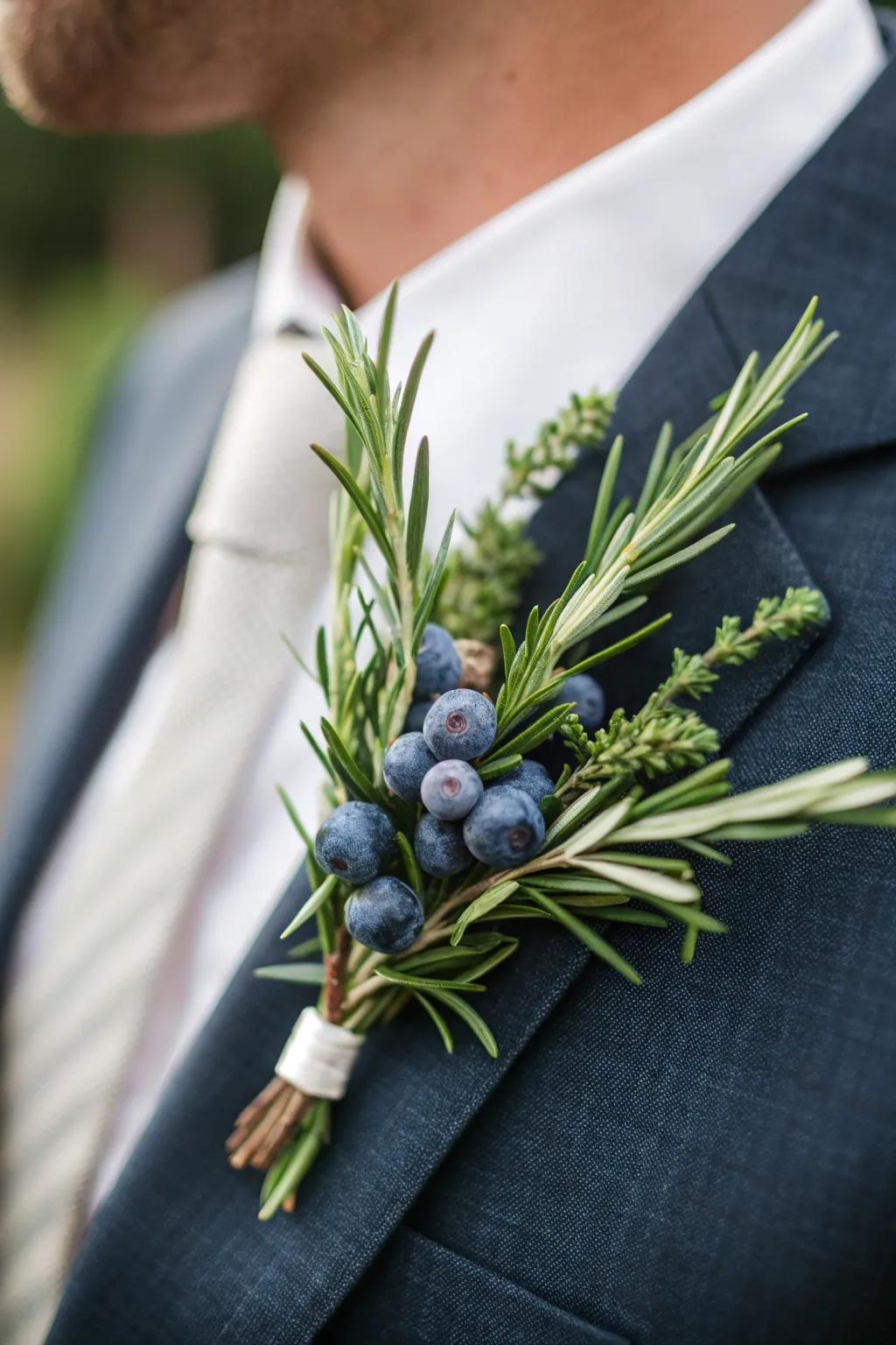 Distinctive lapel embellishment featuring rosemary and blueberries