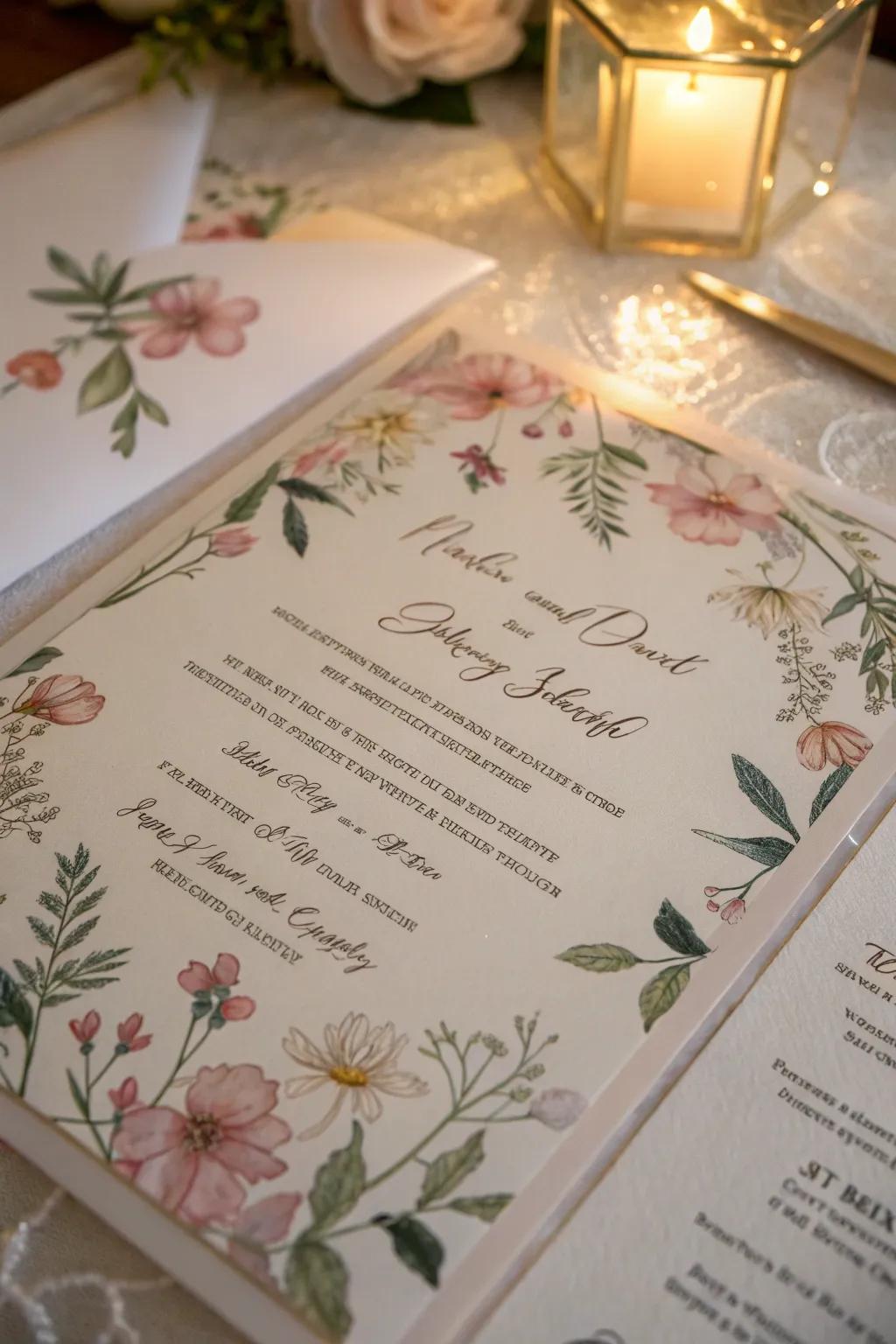 Elegant wedding invitation with a soft clear sheet overlay.