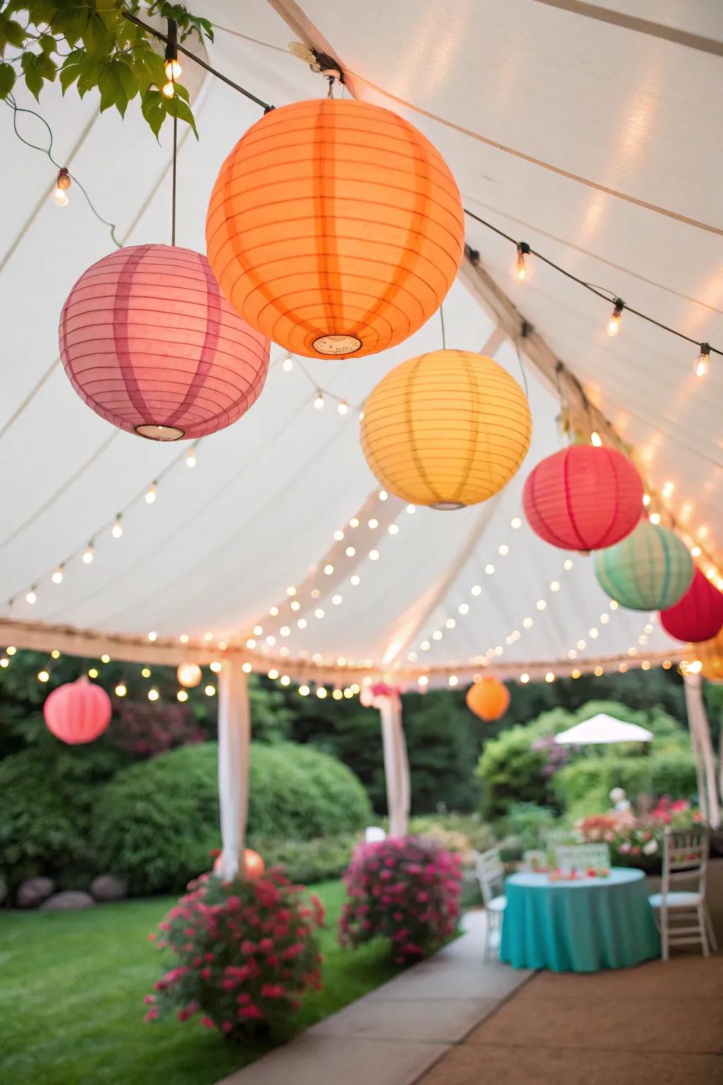 Vibrant lantern orbs impart a spirited facet to the decor.