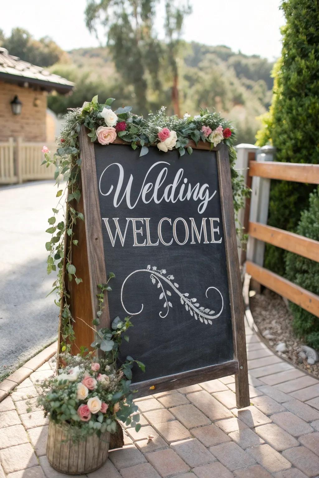 A classic chalkboard welcome sign adorned with floral garlands, creating a timeless look.