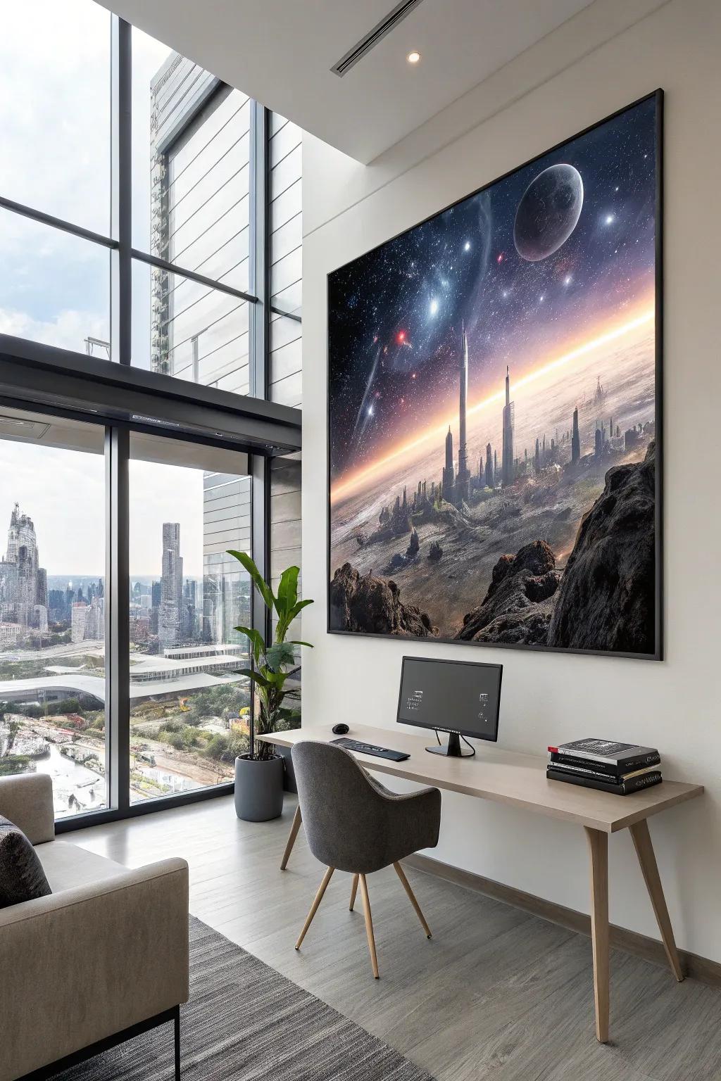 A progressive sci-fi art piece casting a pioneering aspect inside a home-based professional space.