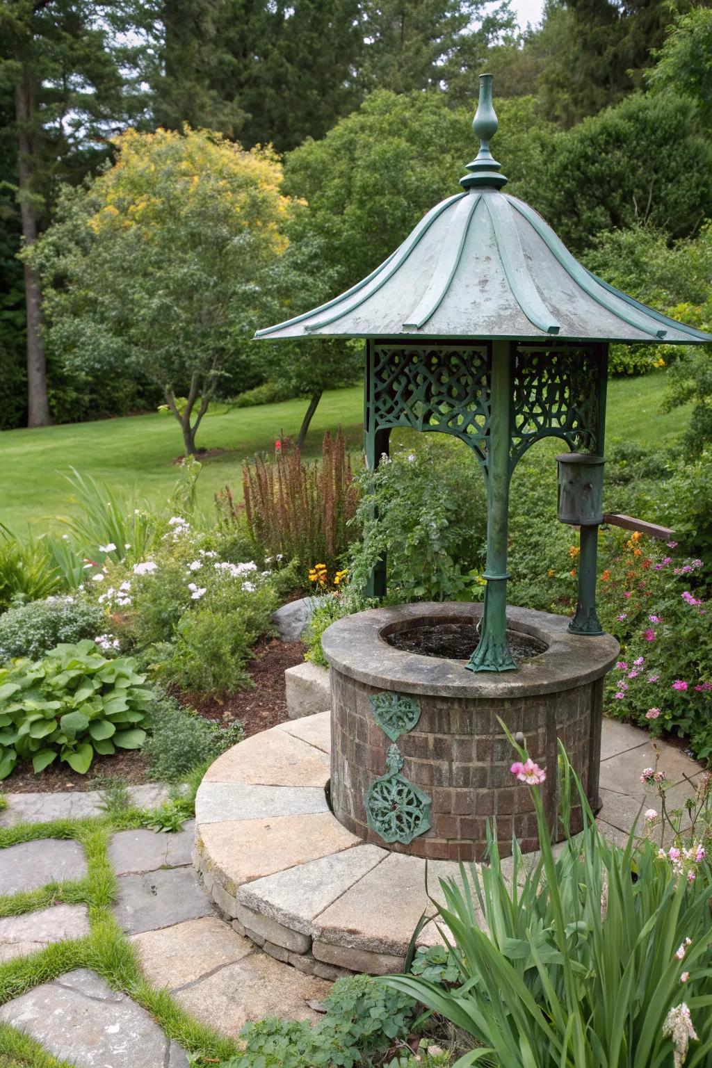 A sculptural well cover makes a bold declaration in this garden.