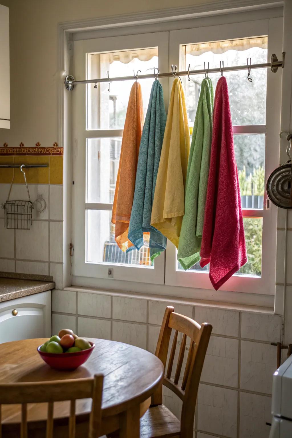 Suspend towels over the skylight for a radiant and ornamental flourish.