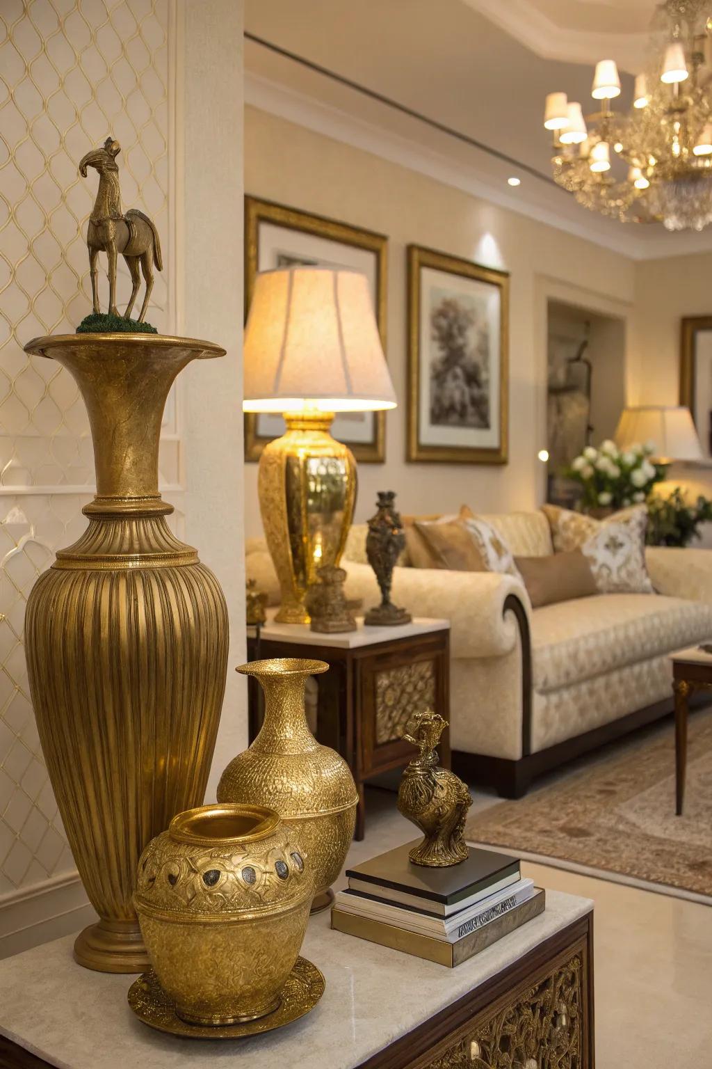 Gilded vases and sculptures put in dimension and vibe.