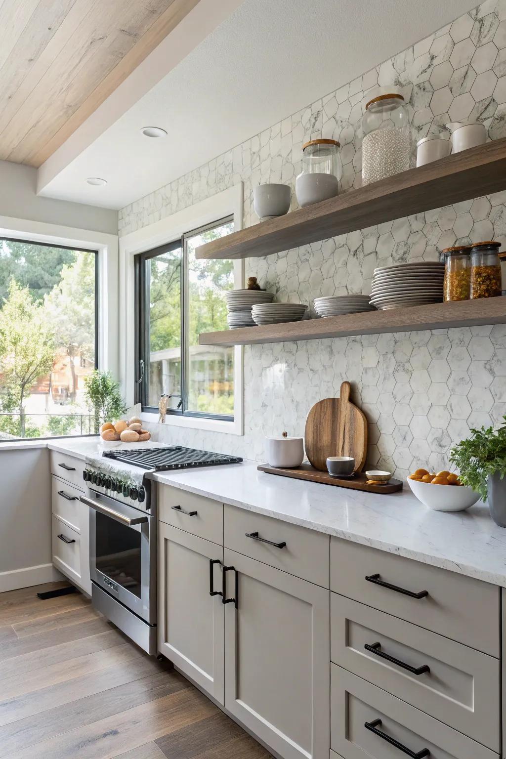 Stone composite backsplash enhanced by open shelving for a personalized touch.