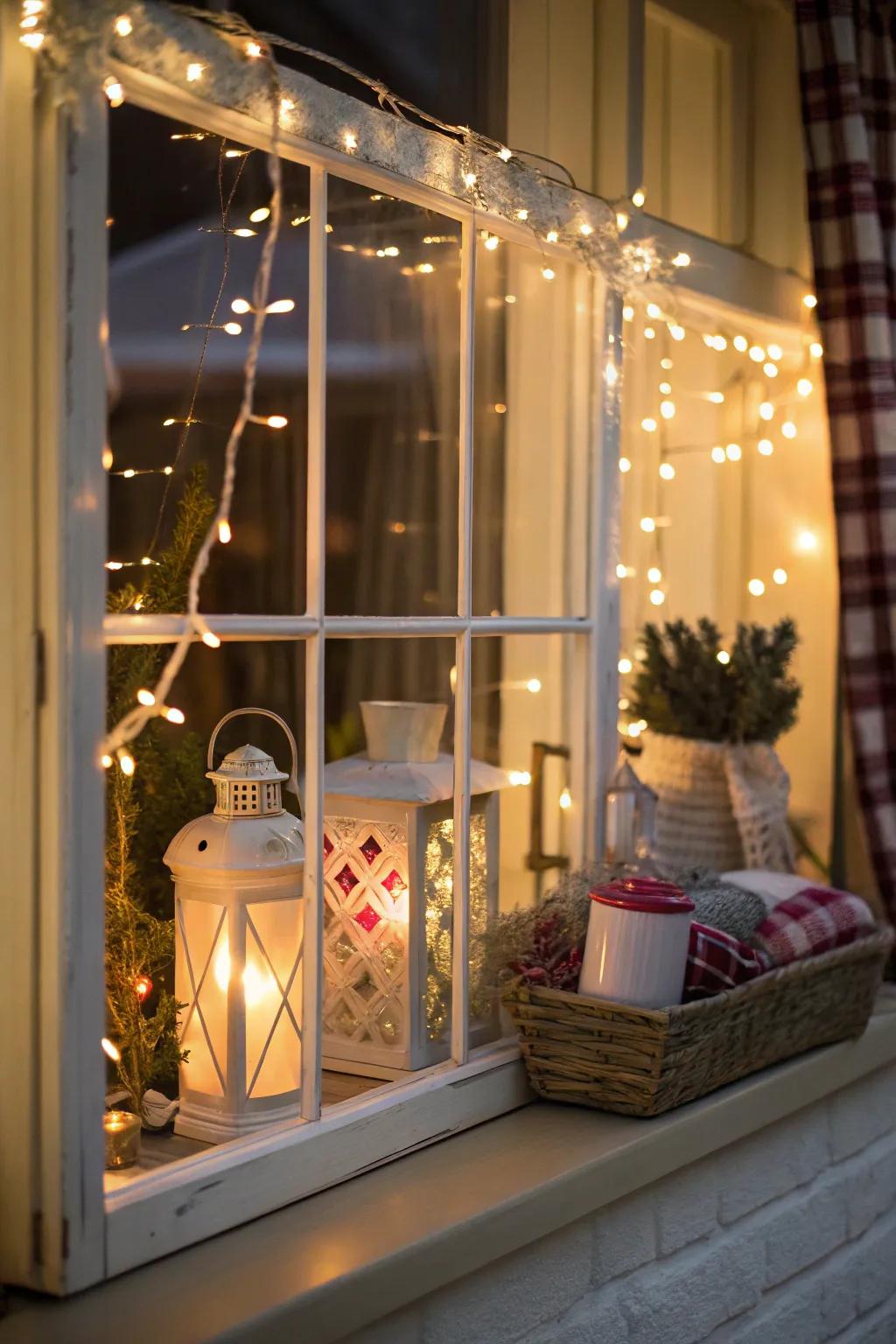 Imaginative lighting transforms this window into a cozy haven.
