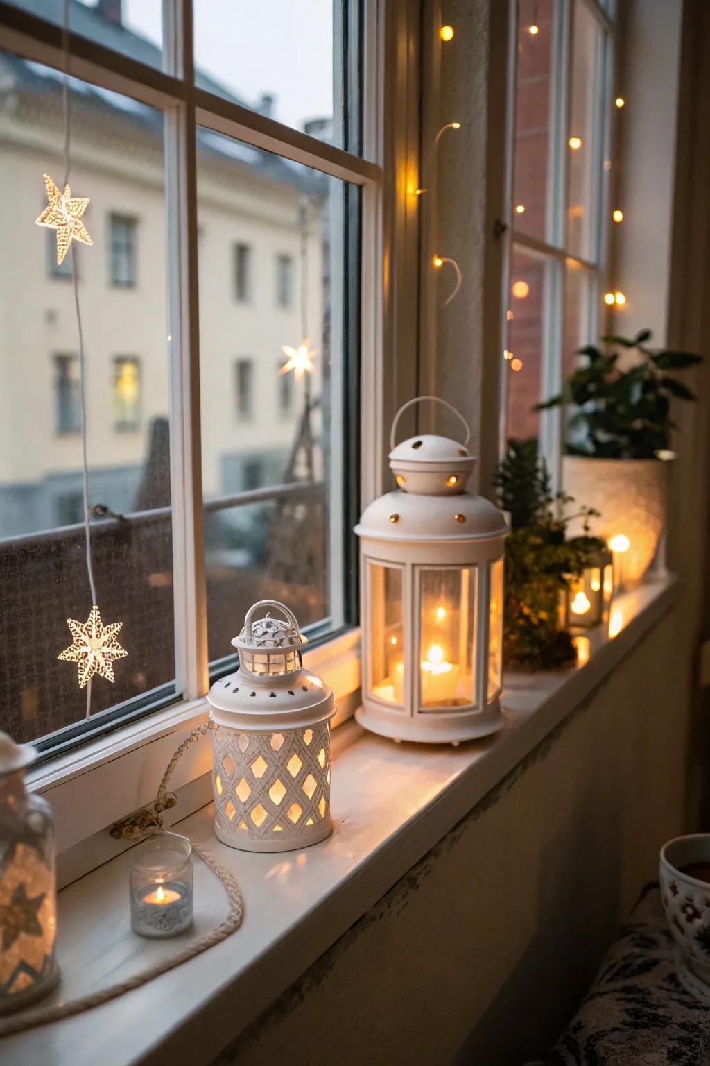 Whimsical lanterns create a magical atmosphere on this windowsill.