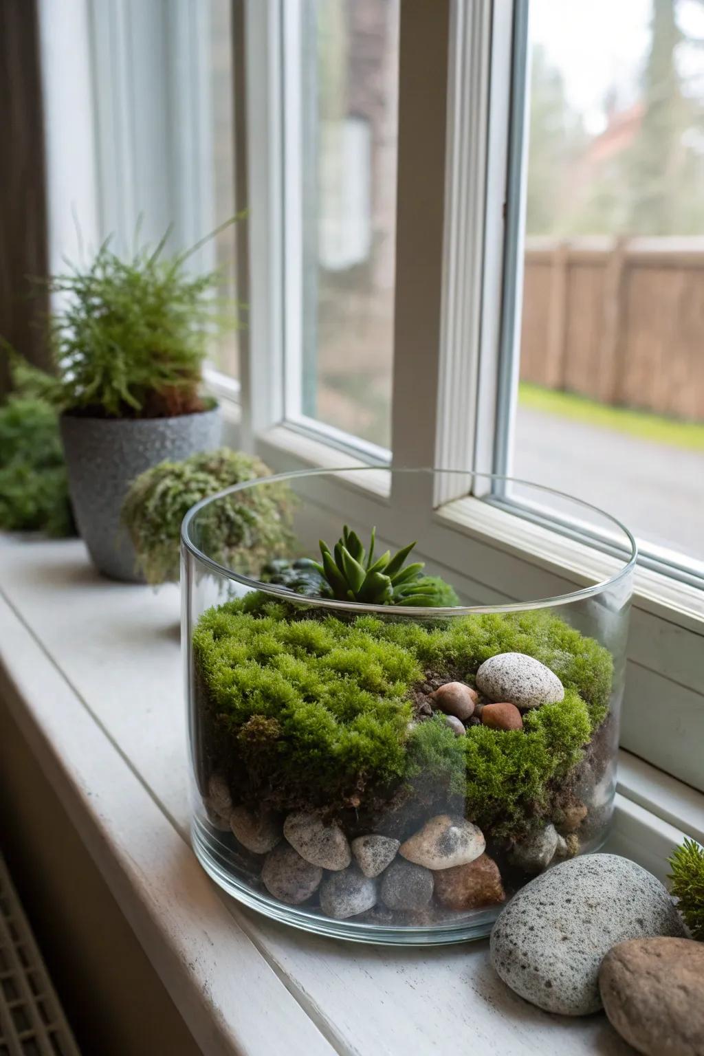 A terrarium grants a vision into a miniature realm of verdure.