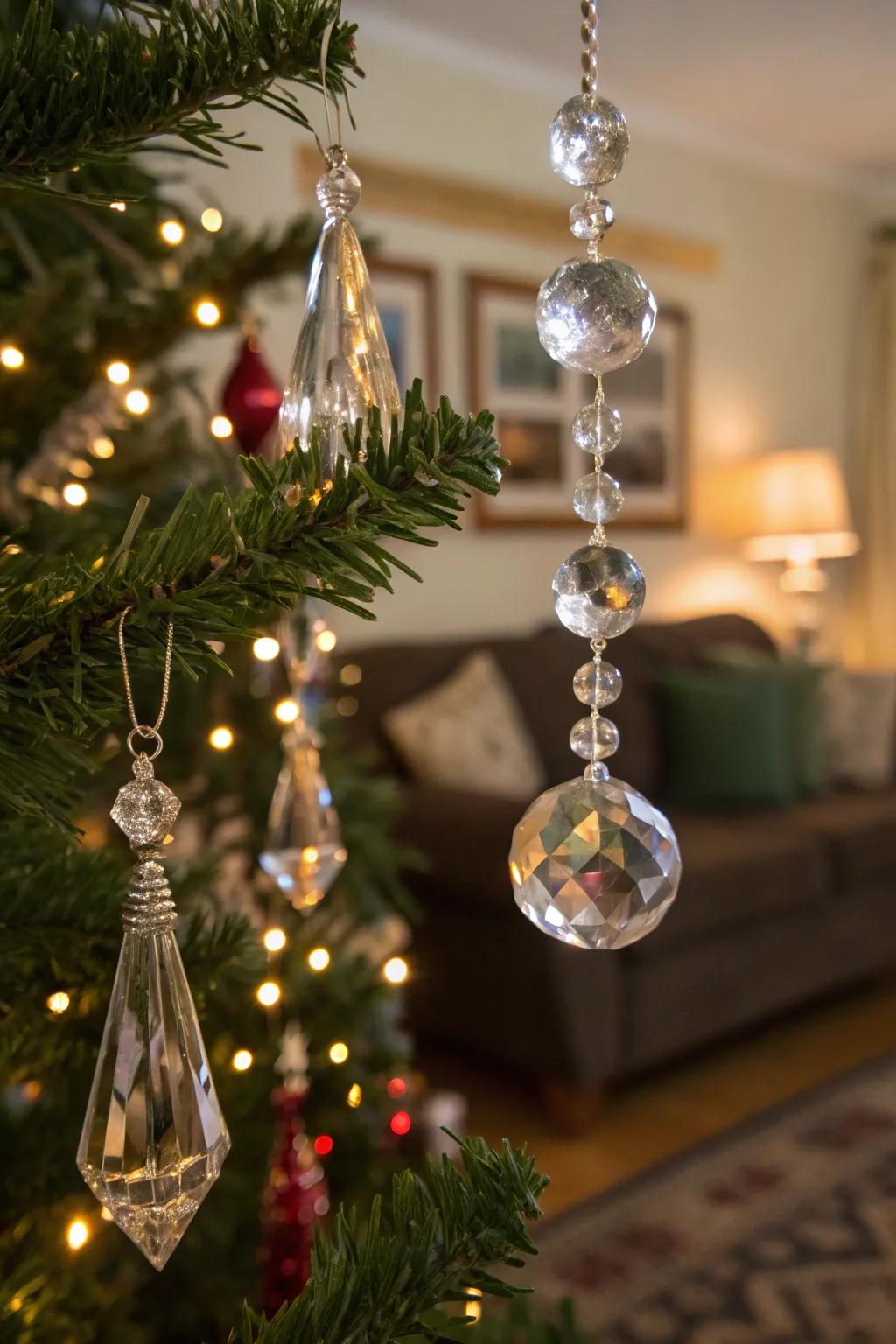 Transparent ornaments amplify a glamorous shimmer within your ornamental theme.
