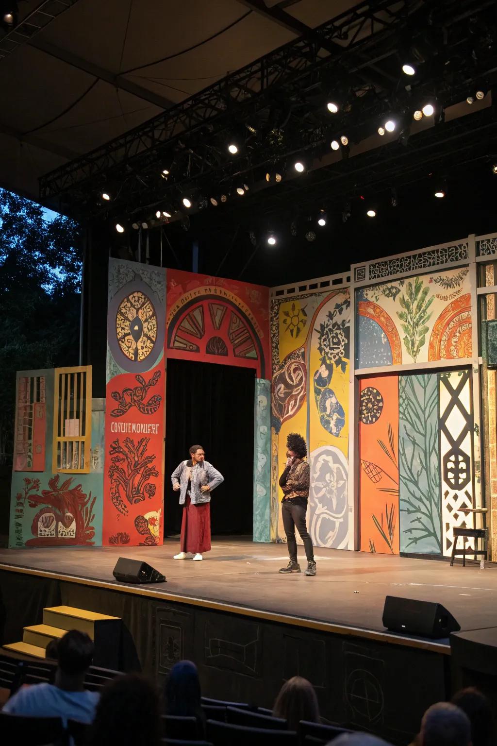 Artistic tapestries infuse character into the stage.