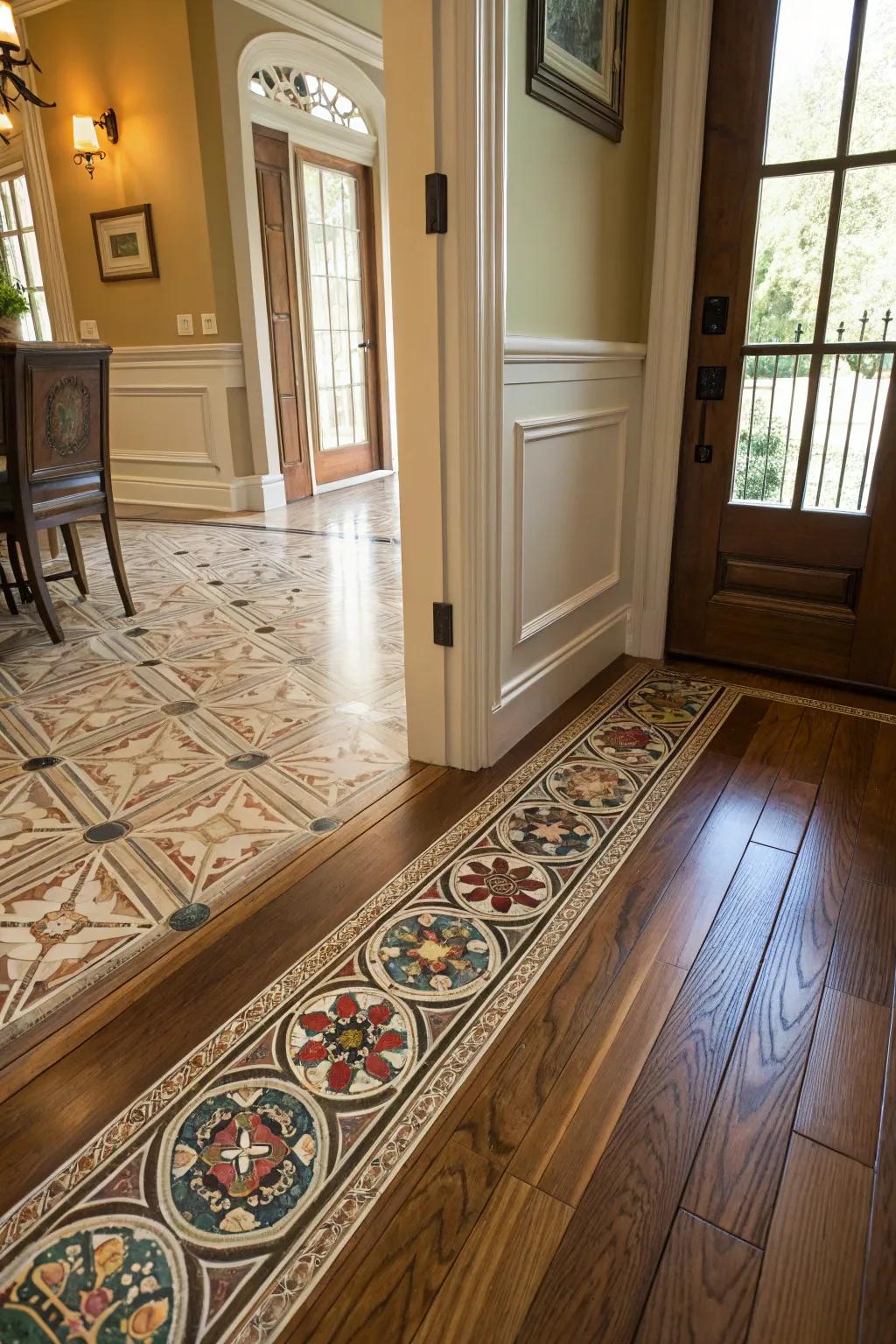 A stylish entrance showing a tiled area flowing into wooden flooring.
