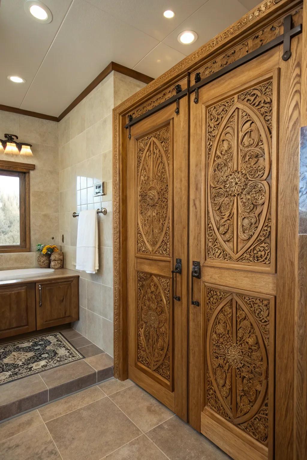 Custom engravings add a personal and artistic touch to shower doors.