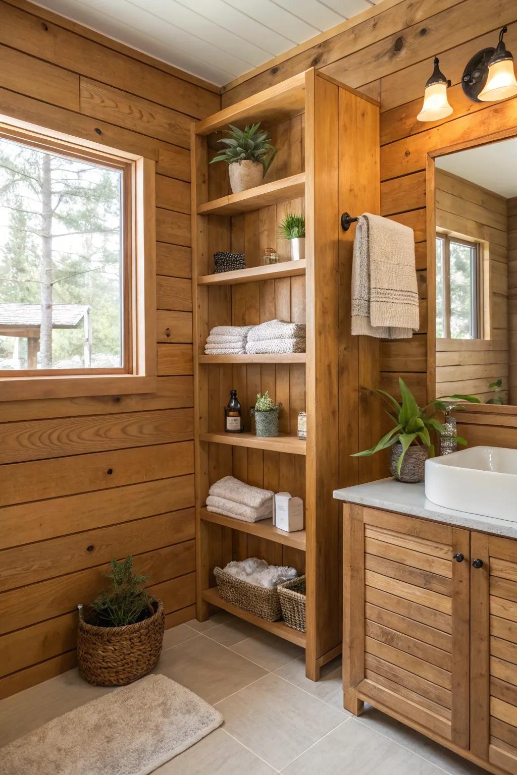 Useful design with built-in racks in wood walls.