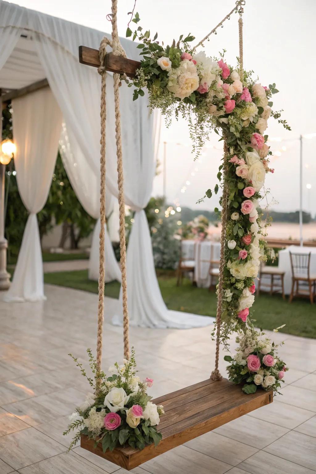 A timber swing with blooms weaves enchantment and romance into weddings.