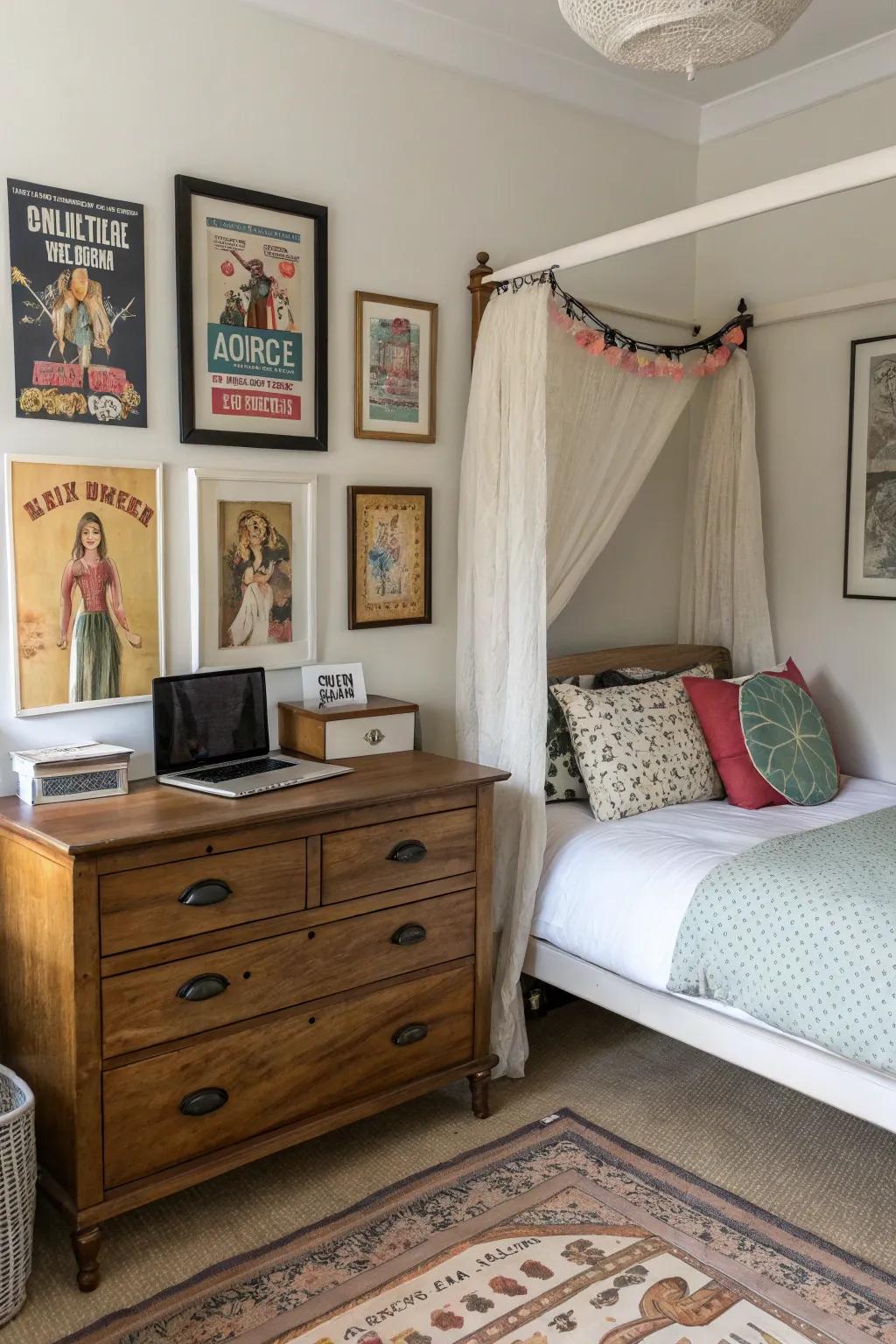 A blend of vintage and modern decor cultivates a distinct and timeless zone.