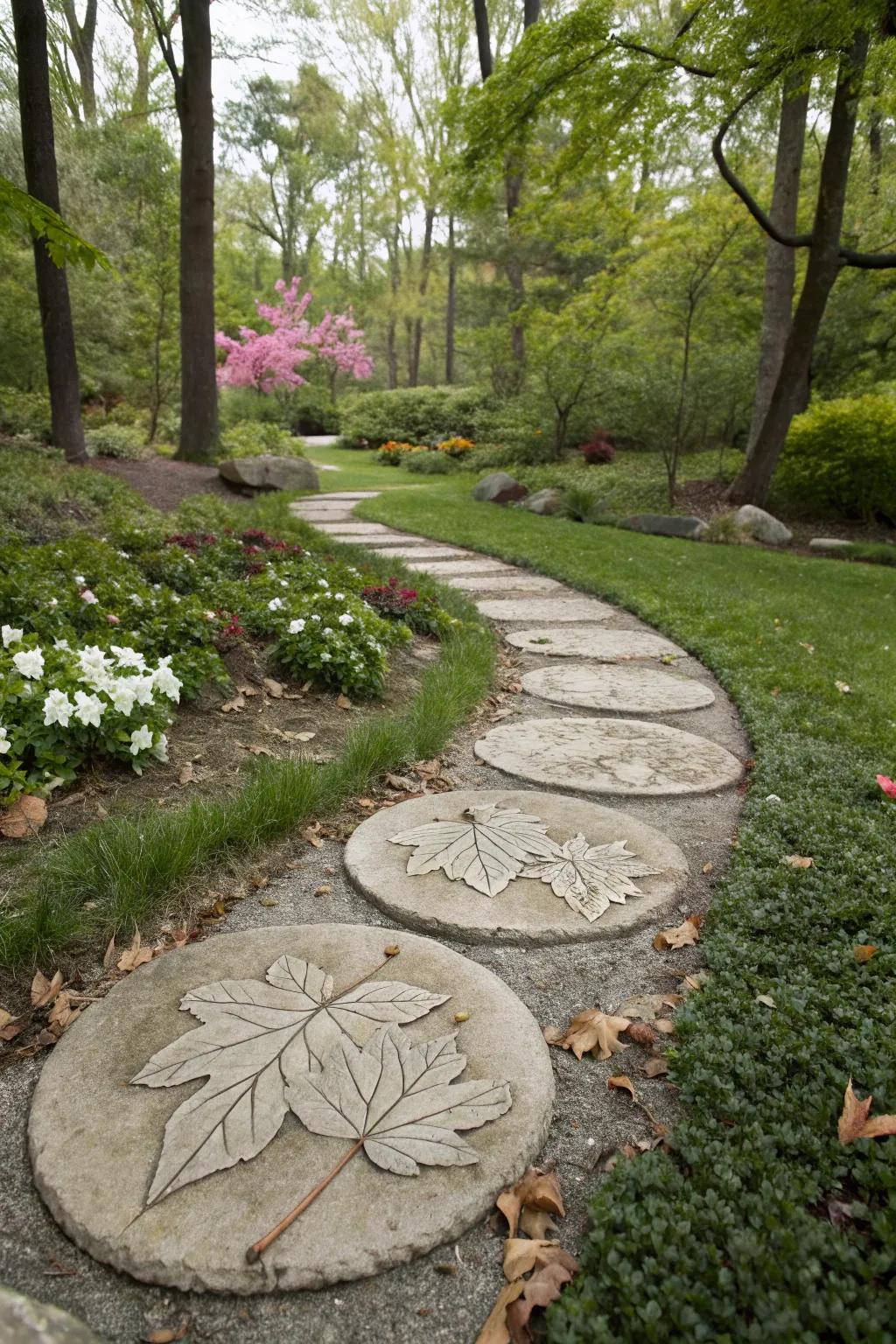 Foliage-imprinted foot mats personalize garden walkways.
