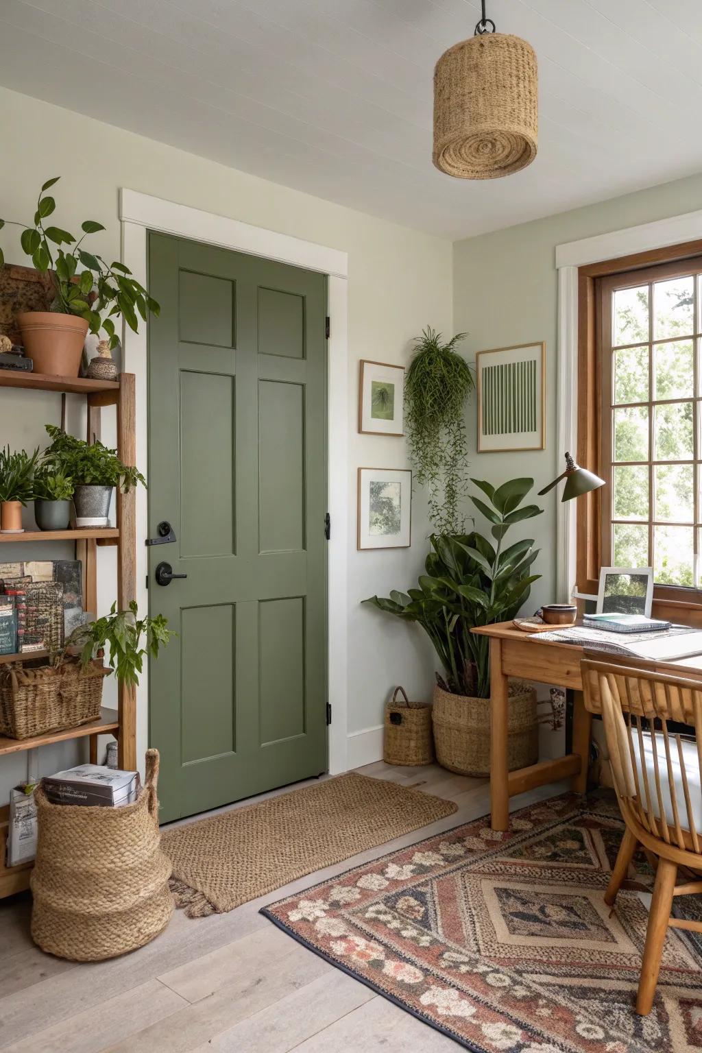 An olive green 6-panel door adds a natural touch to any home office.