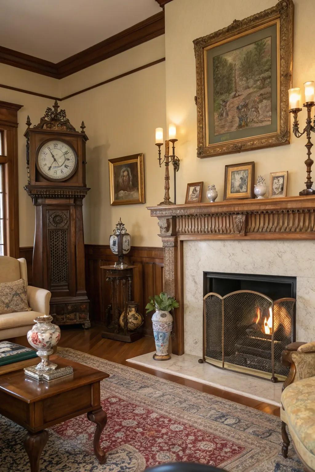 Classic pieces impart eternal charm and character above the fireplace.