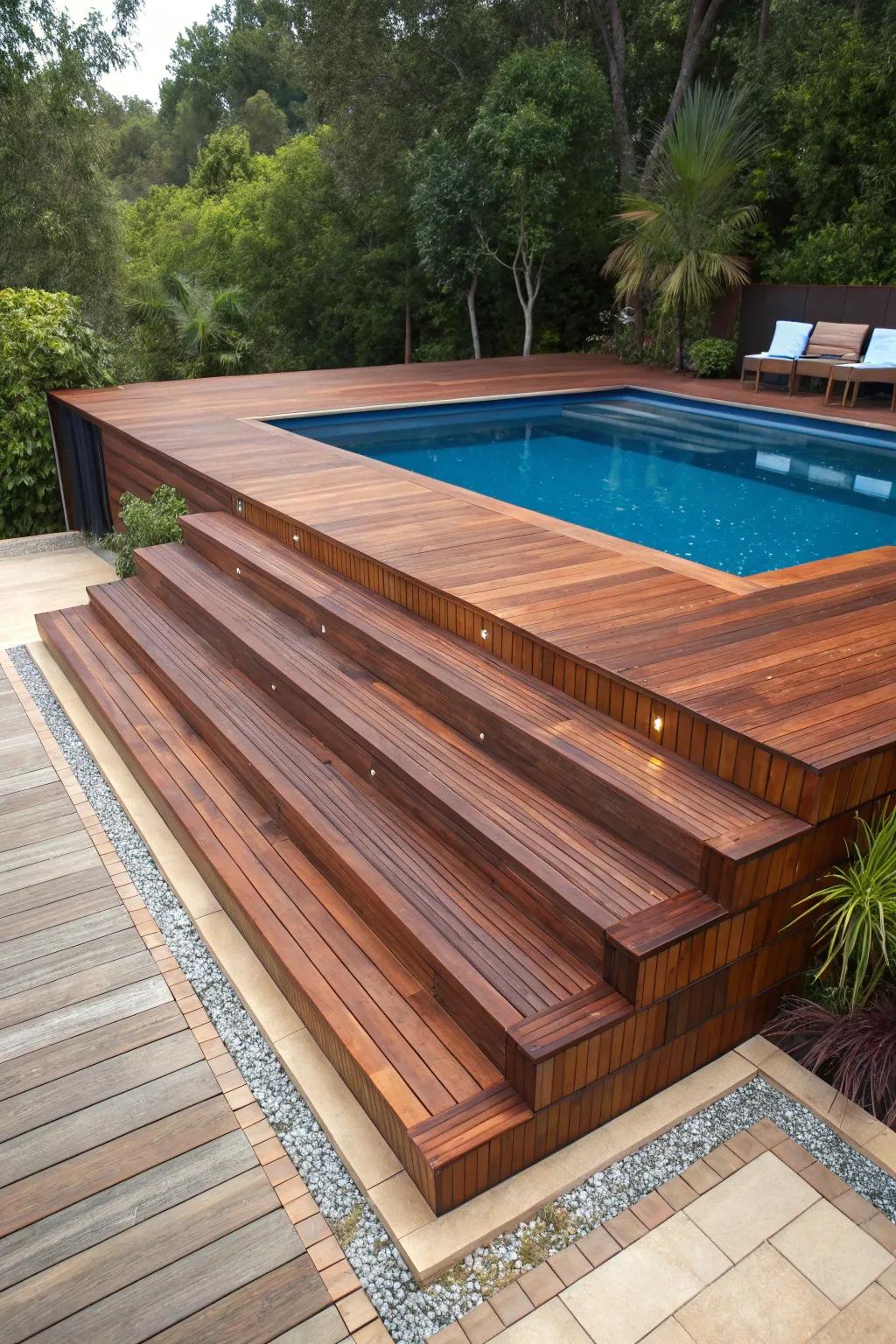 Refine your poolside experience with budget-friendly tiered decking that radiates craftsmanship and style.