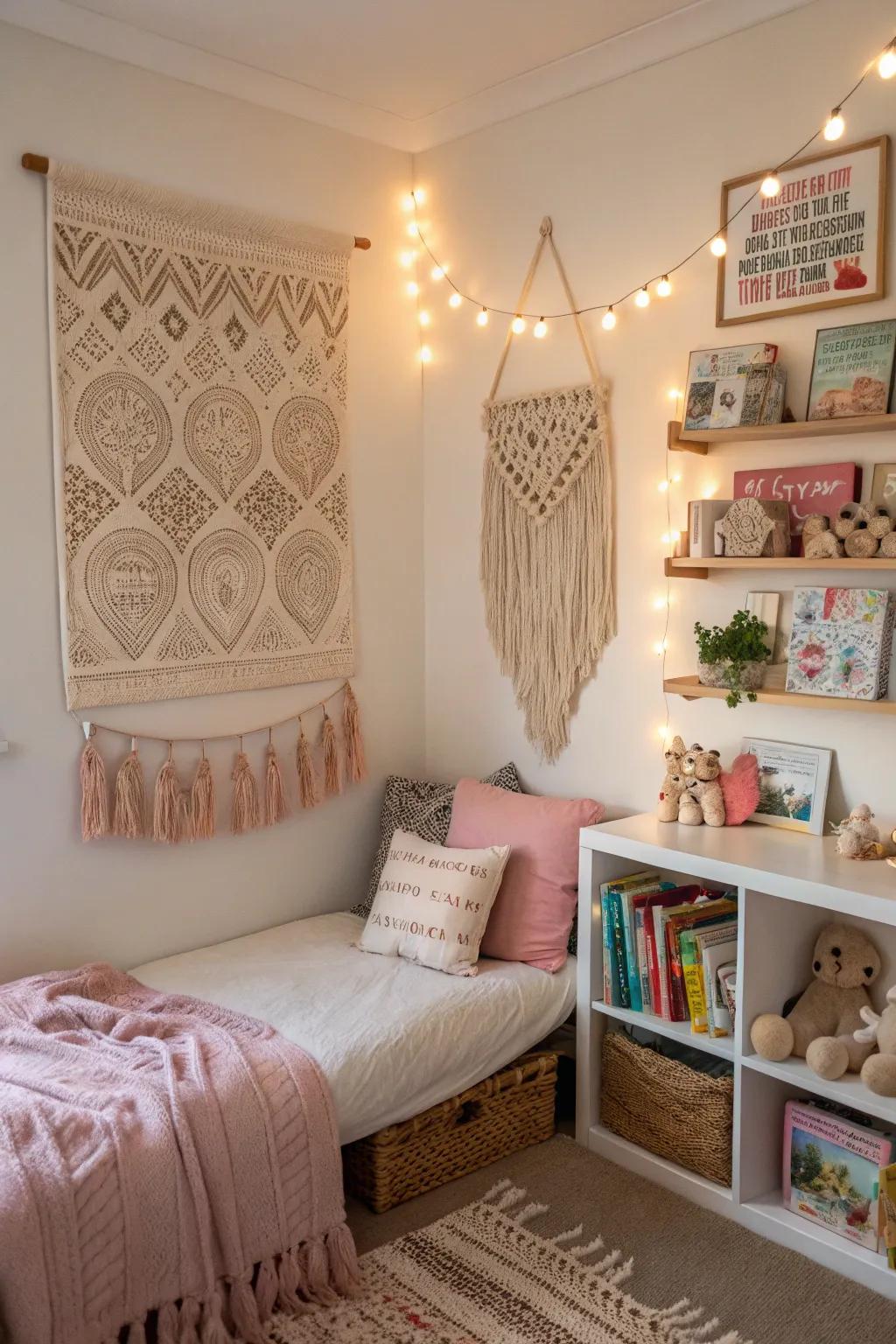 Artisan wall hangings, integrating global artistic influences into the room.