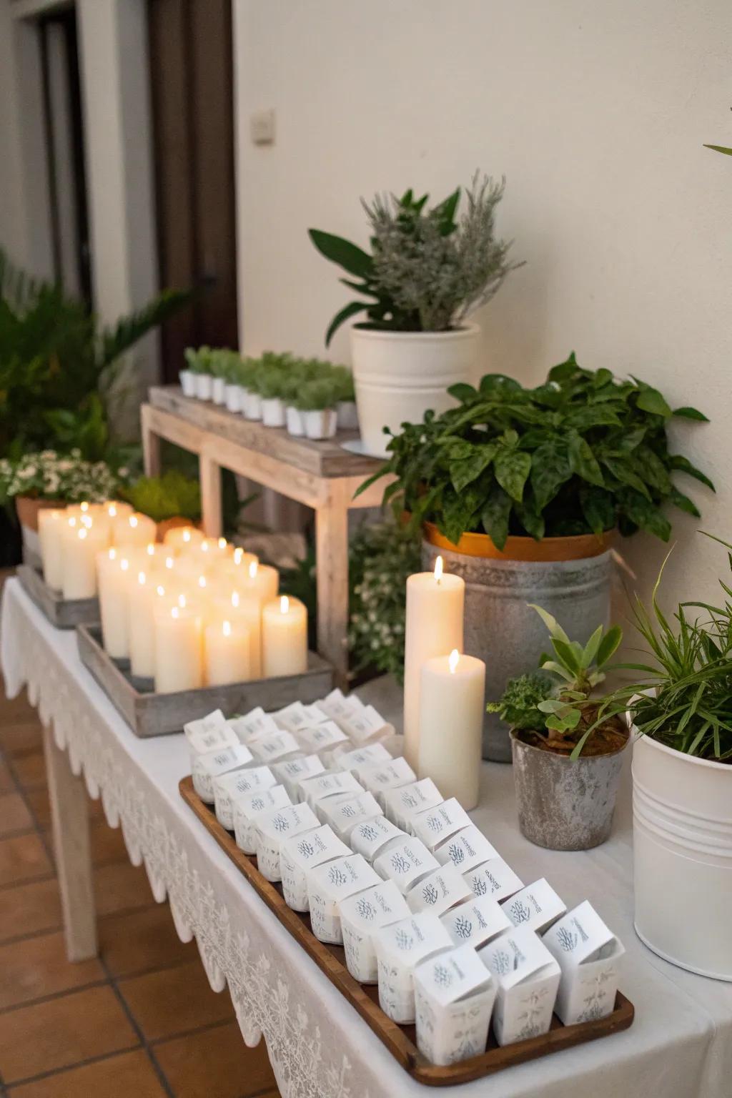 Thoughtful pale-themed party keepsakes for attendees to take home.
