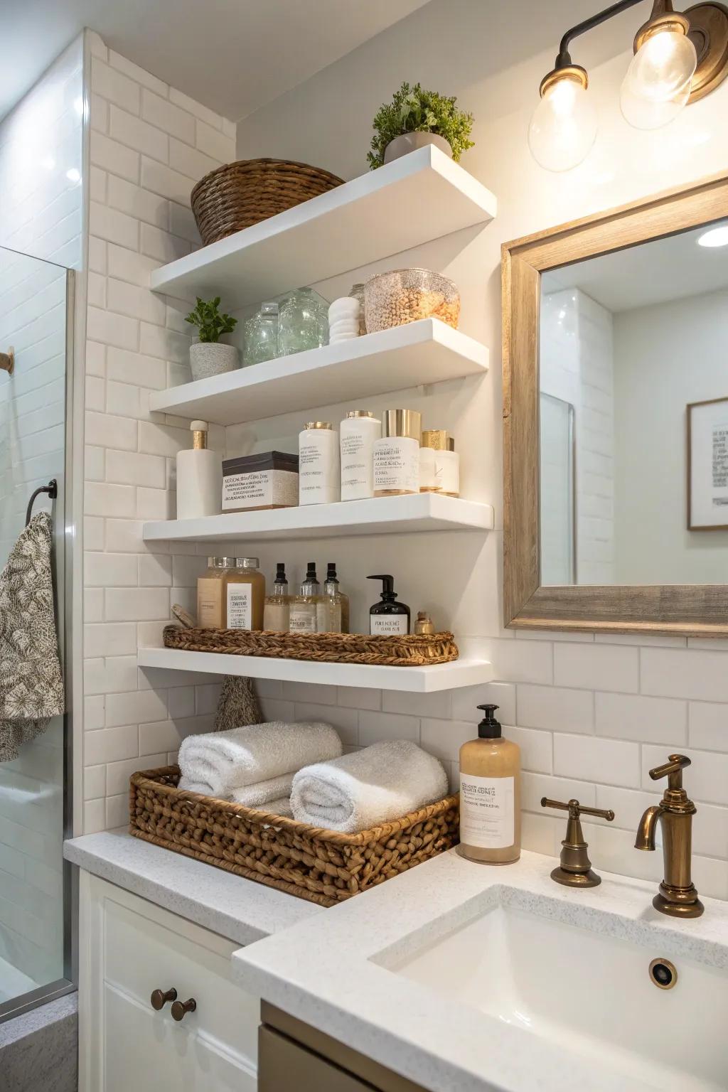 Open shelves add function to your bathroom.