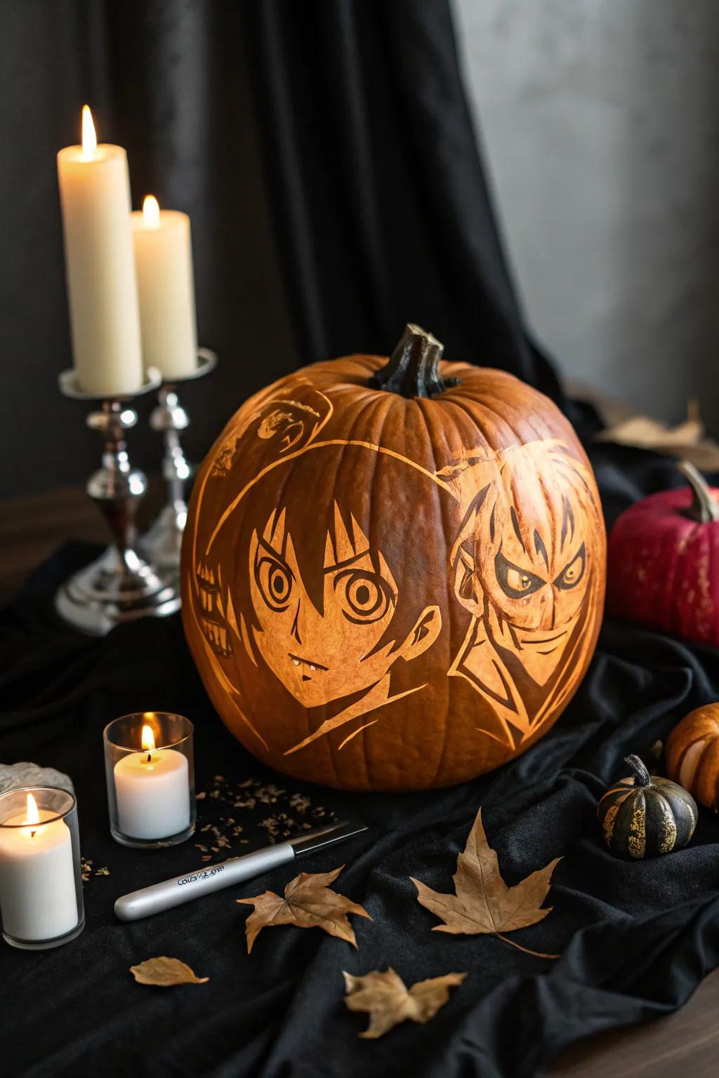 Intrigue your guests with anime creature visage pumpkins.