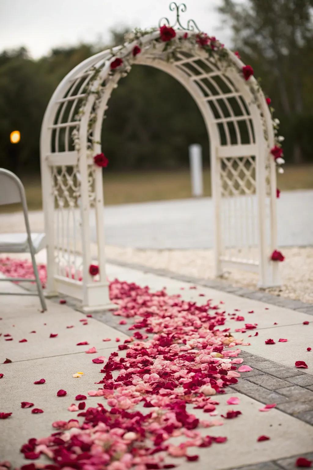 A romantic arch with rose petals scattered around its base.