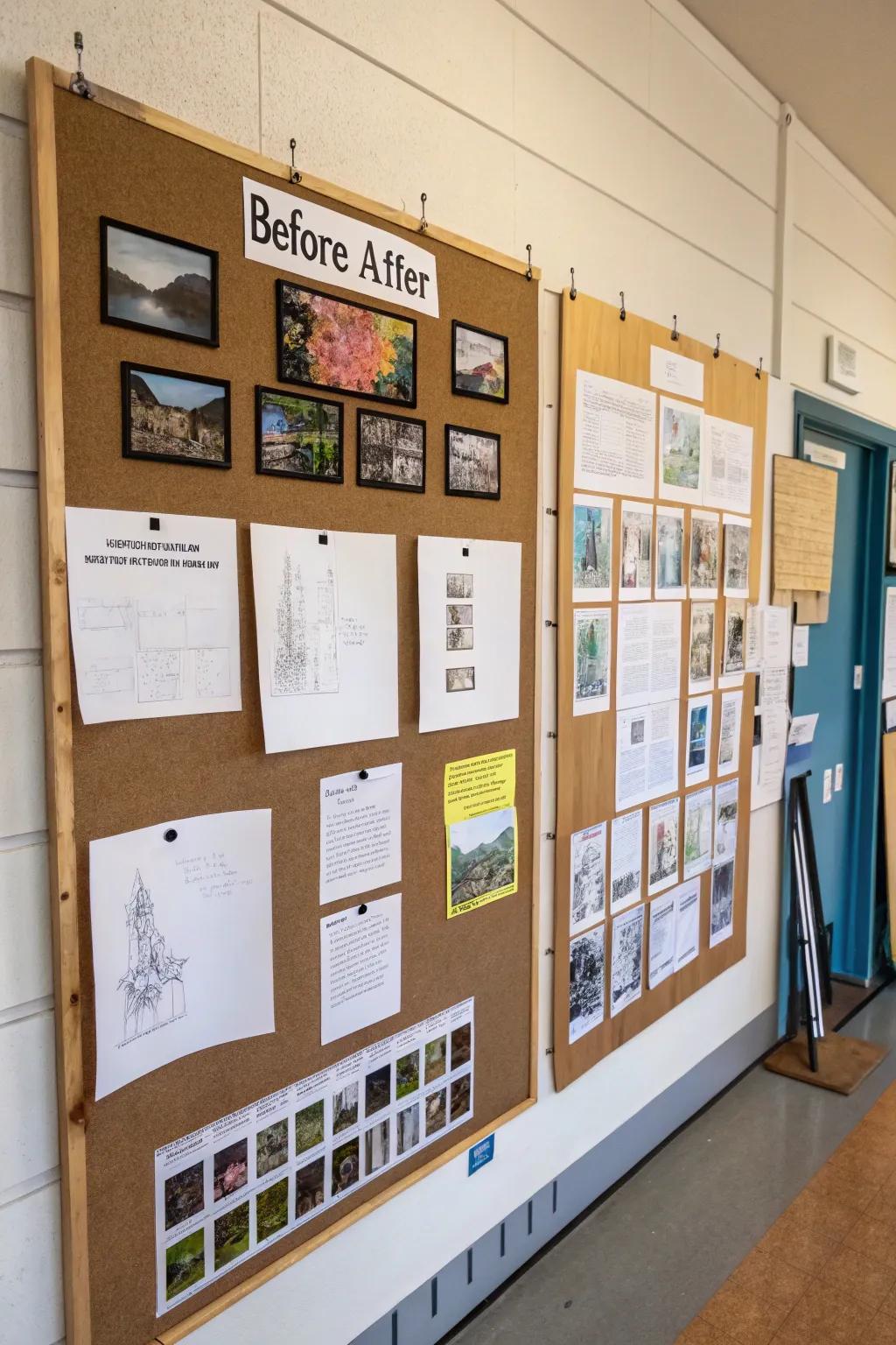A display board displaying before and after art pieces.