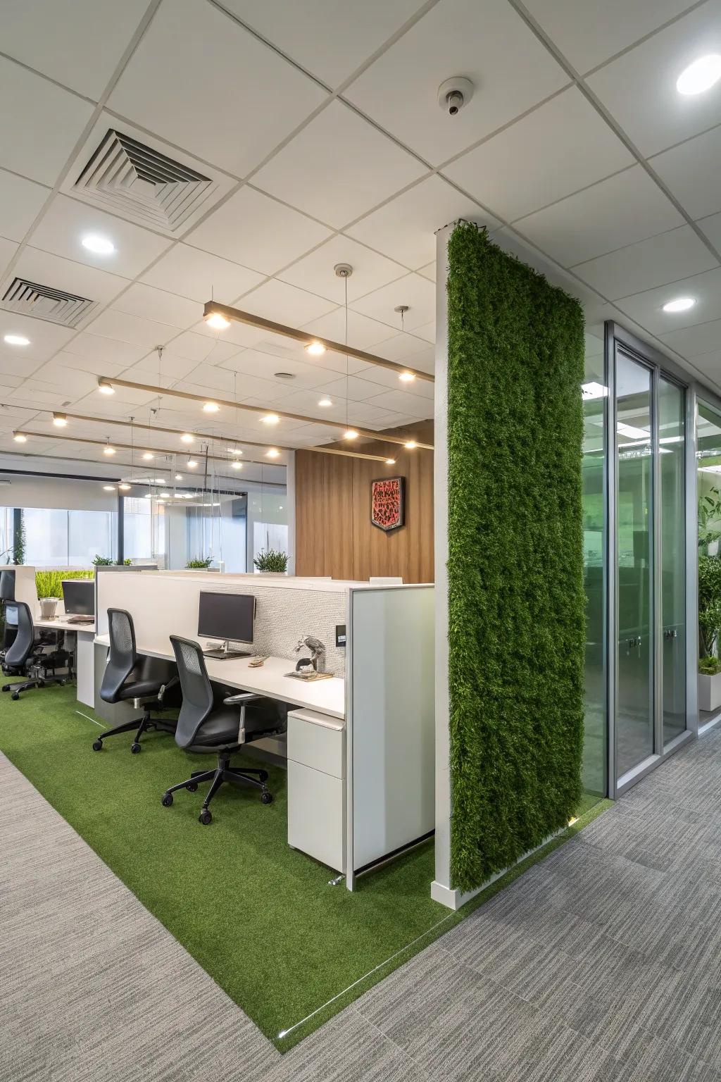 A modern office space featuring a fabricated grass wall for a lively atmosphere.