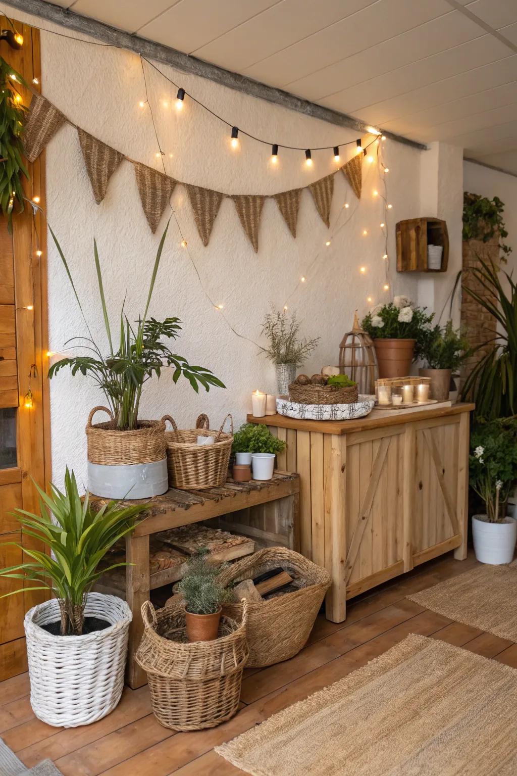 Introduce warmth through a rustic wooden backdrop.