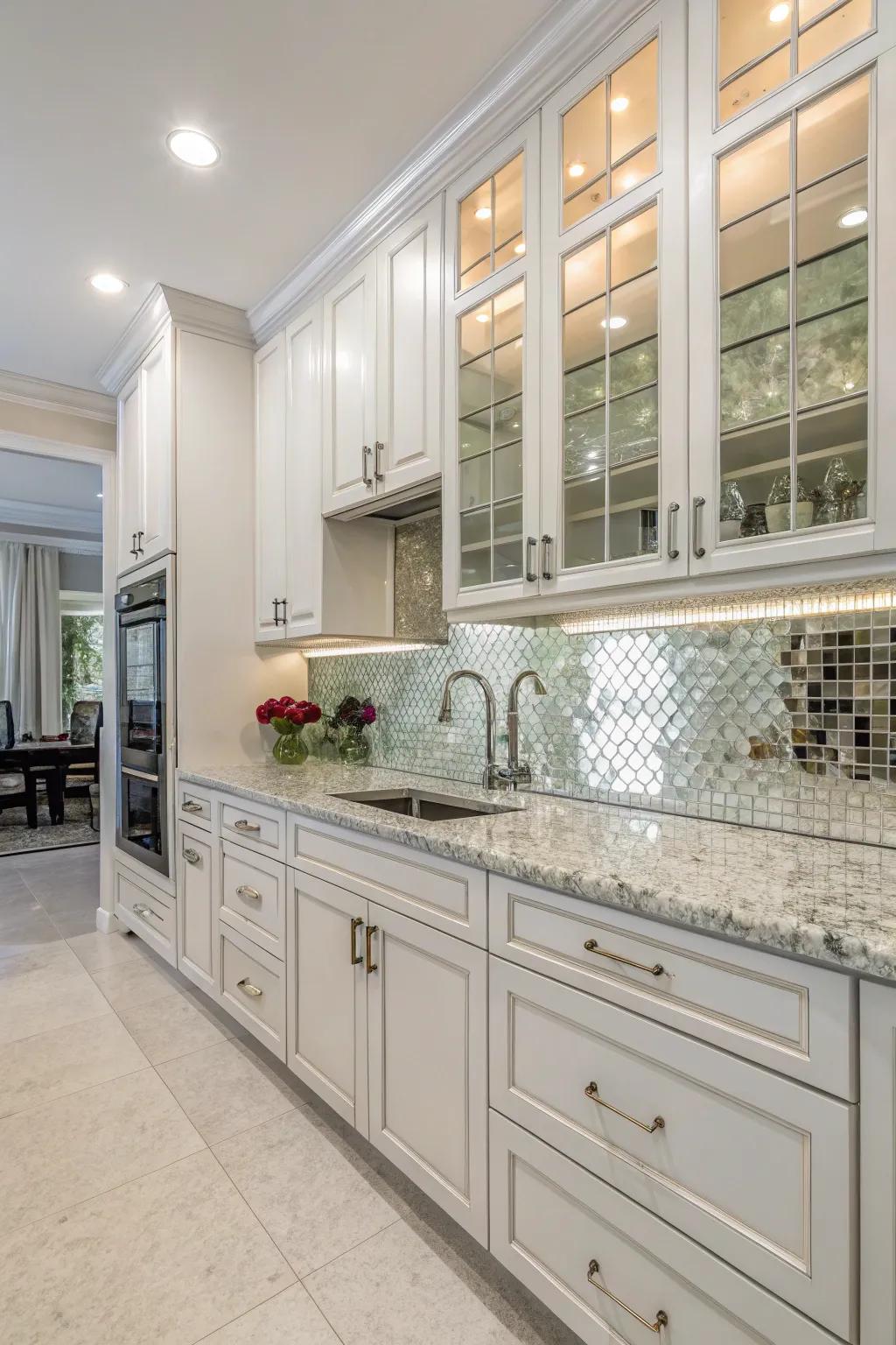 Mirrored modules amplify the sensation of spaciousness and intensify the cooking area's radiant and airy atmosphere.