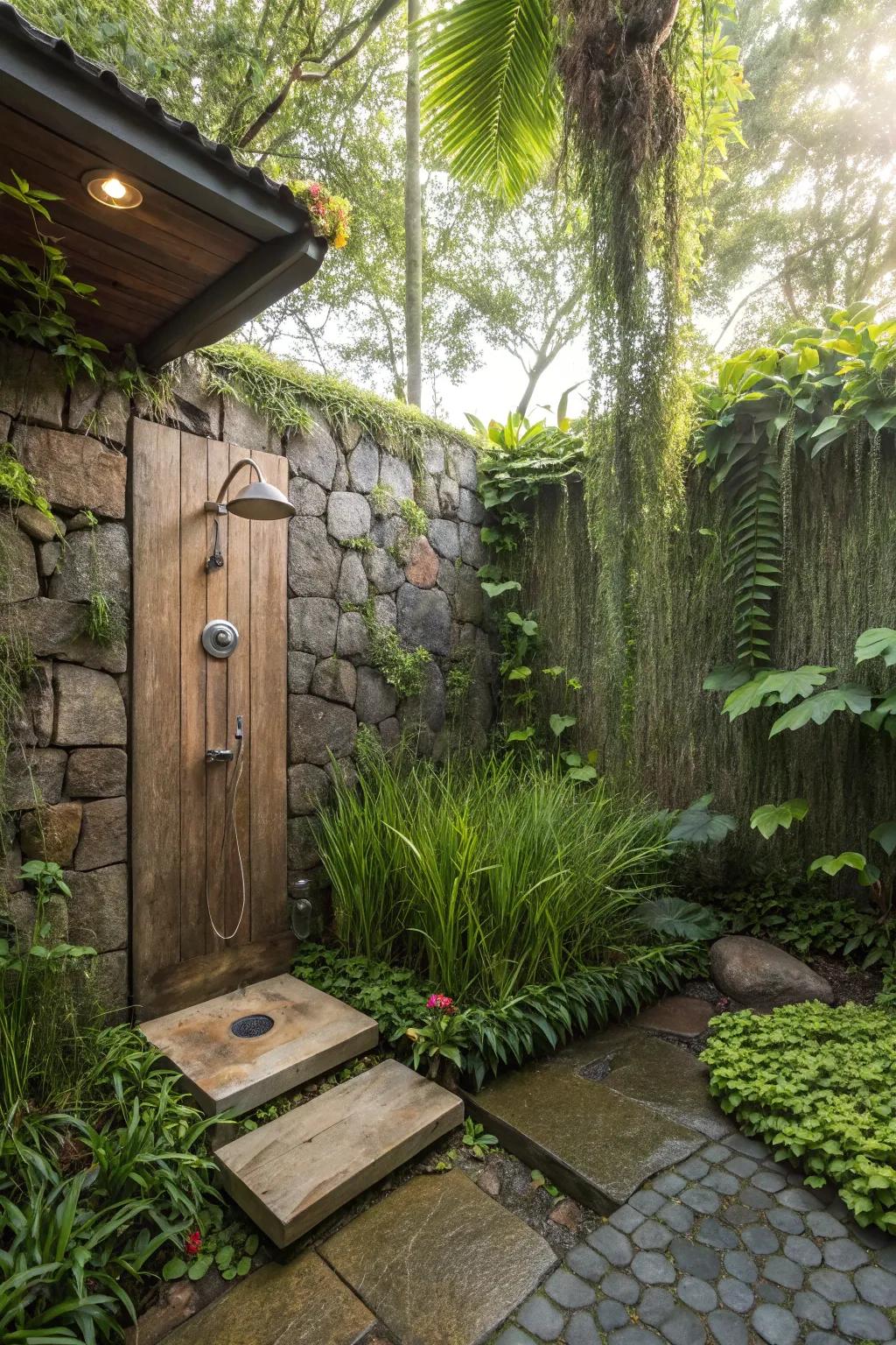 An outdoor shower surrounded by lush greenery for a natural feel.