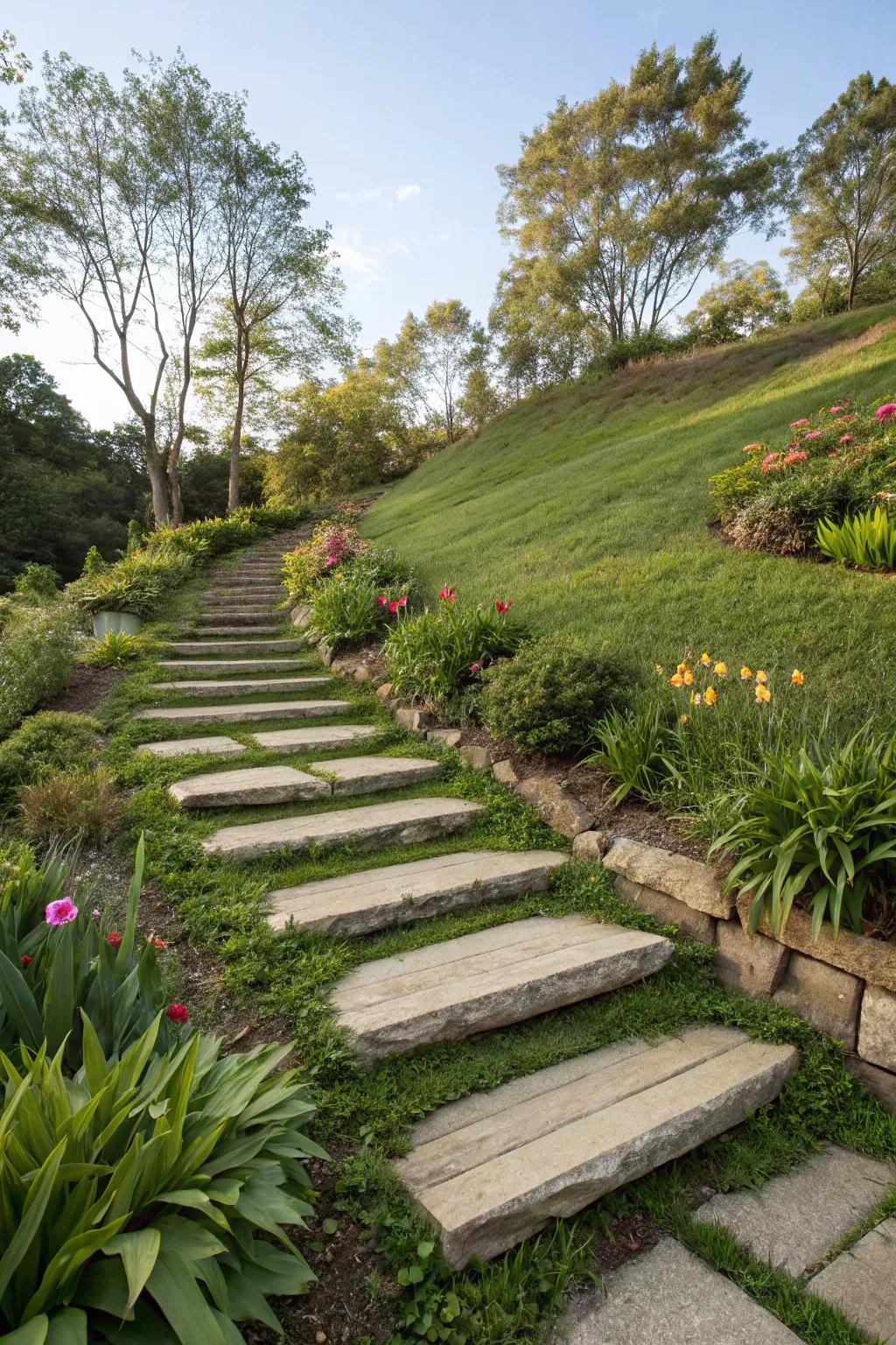 Walkway staircases elegantly unite various garden levels.