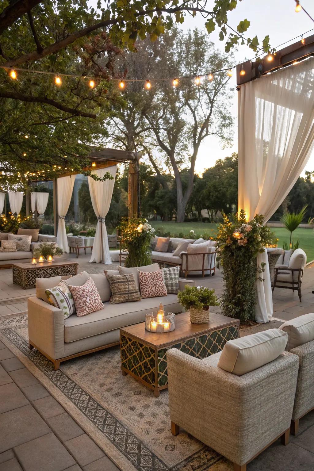 A chic and comfortable outdoor comfort spot for party attendees, promoting relaxation and social interaction.