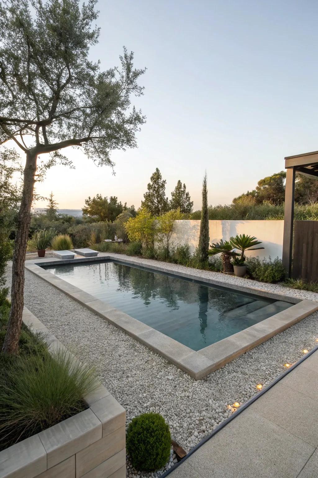 Small stones introduce an elegant, textured border to your pool space.