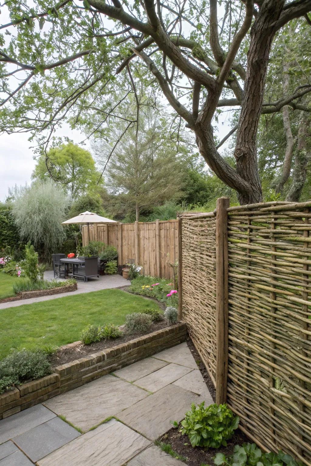 Interlaced twig partitions add a rustic touch with effective privacy.