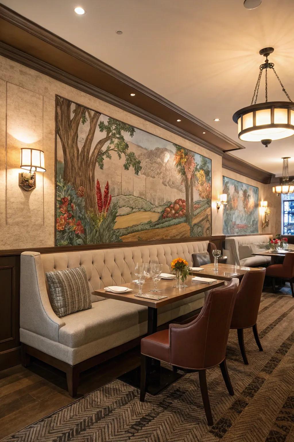 A dining space with banquette seating highlighted by an artful mural backdrop.