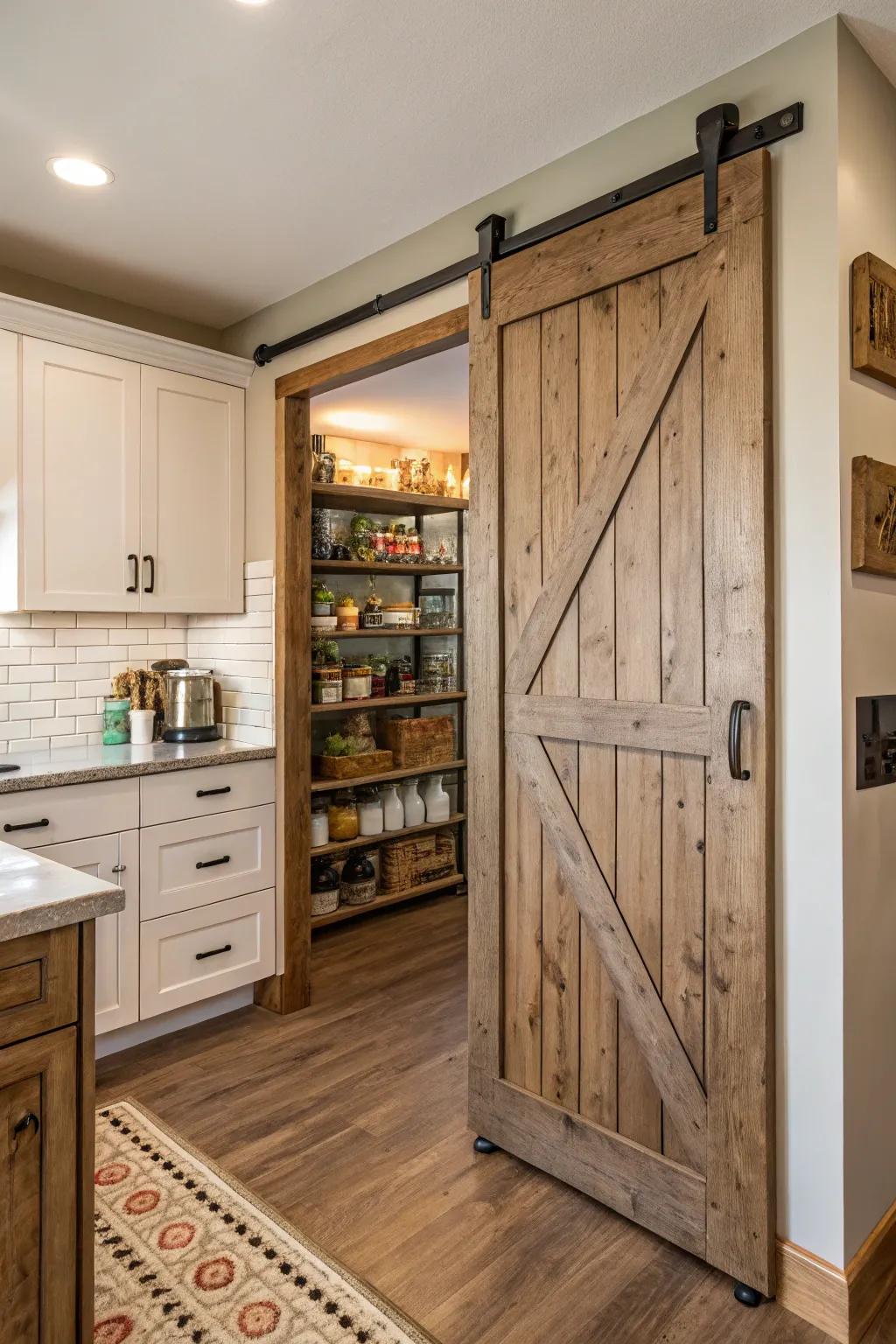 A kitchen featuring a sliding barn door pantry with shiplap texture.