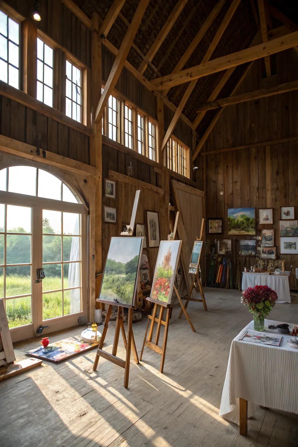 An artistic barn atelier provides a spacious and inspiring workspace.