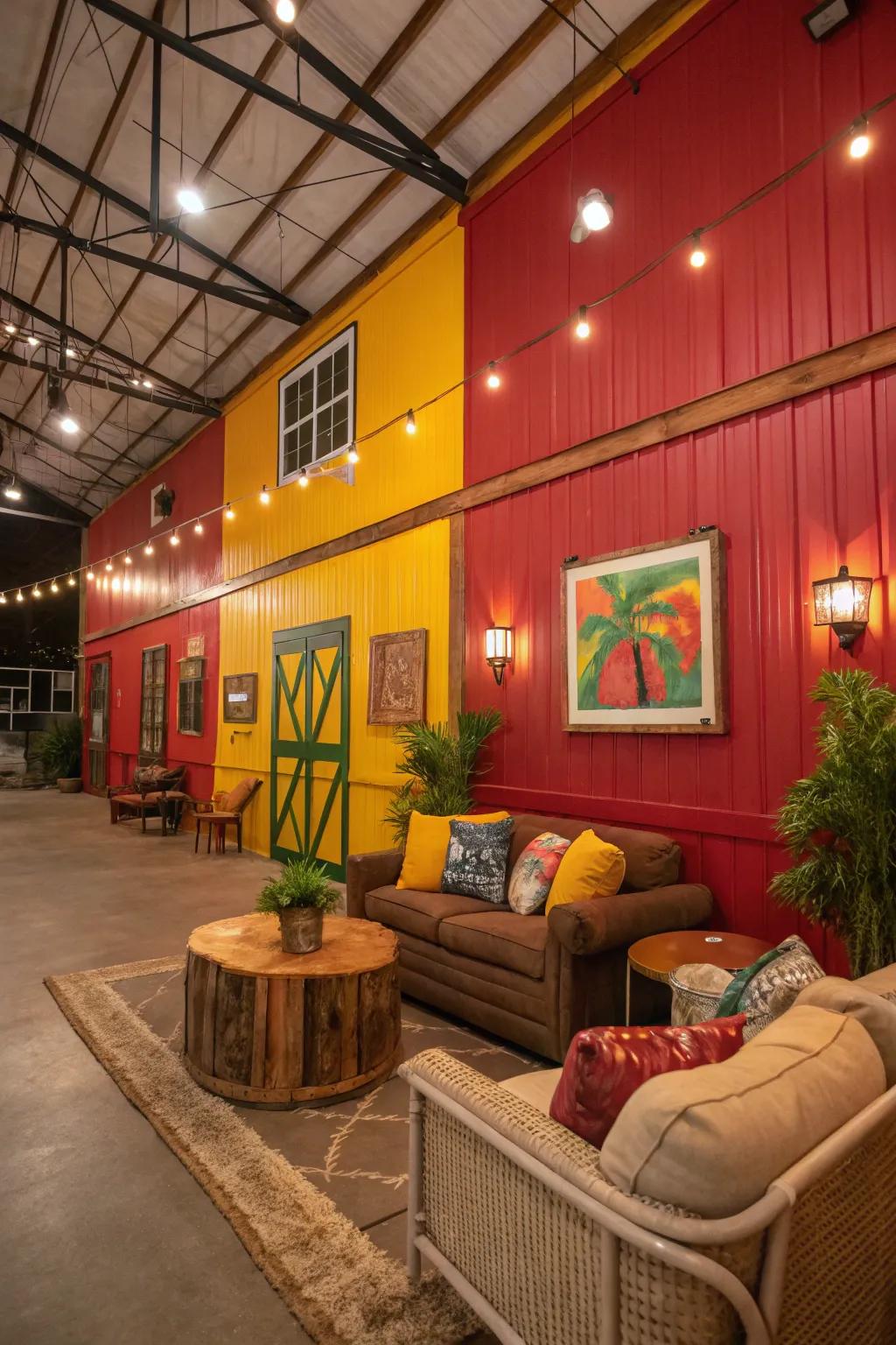 This barndominium's interior is brought to life by a burst of striking color.