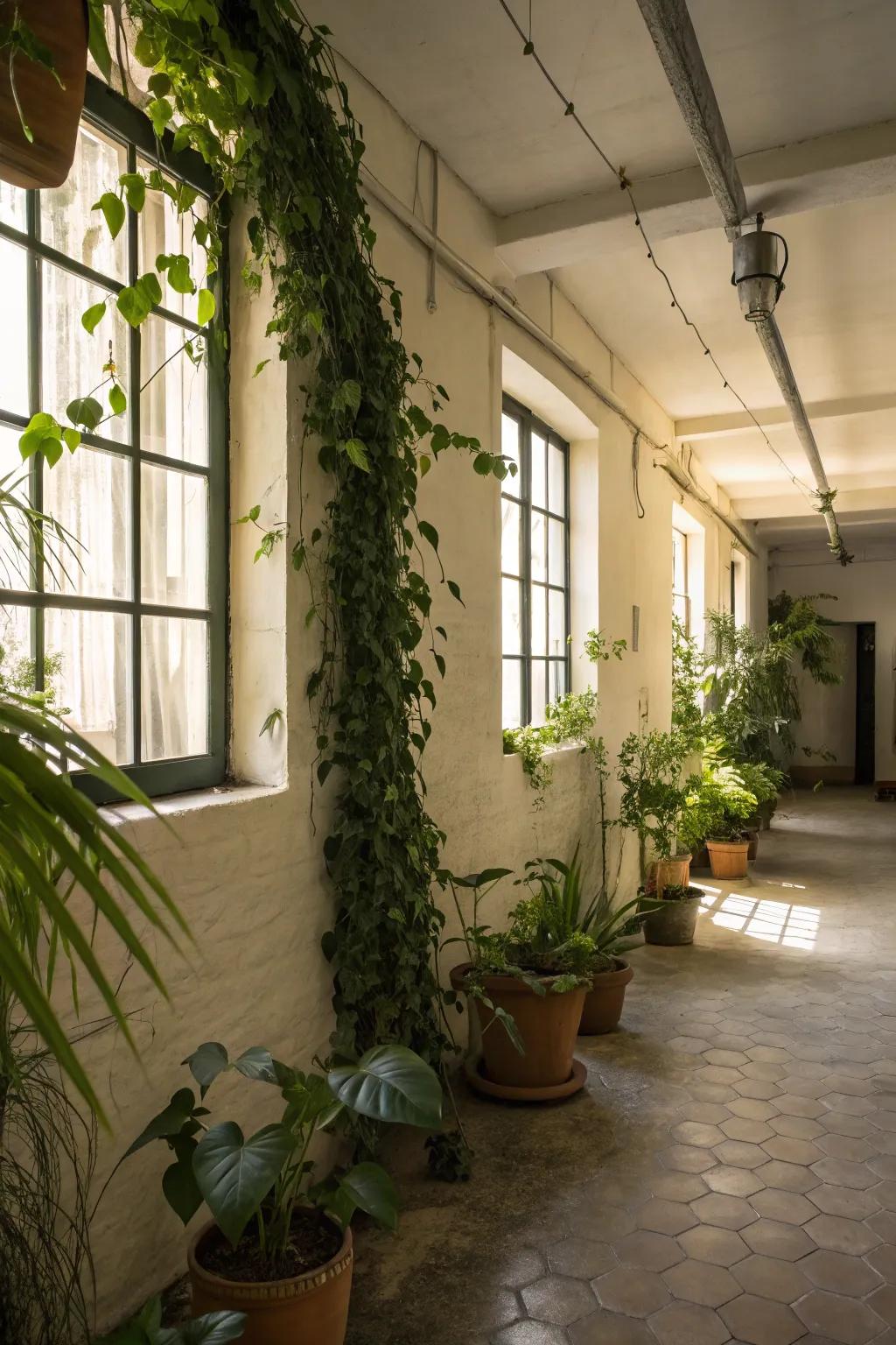 Design a serene and natural atmosphere using plants and wood textures.