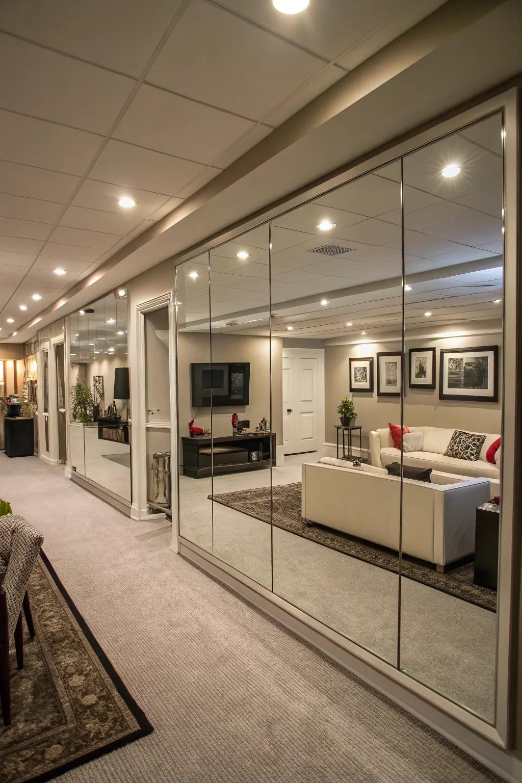 Mirror panels make small basement spaces feel larger and brighter.