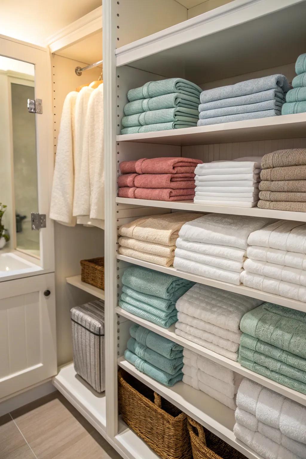 Linens sorted by color for natural organization.