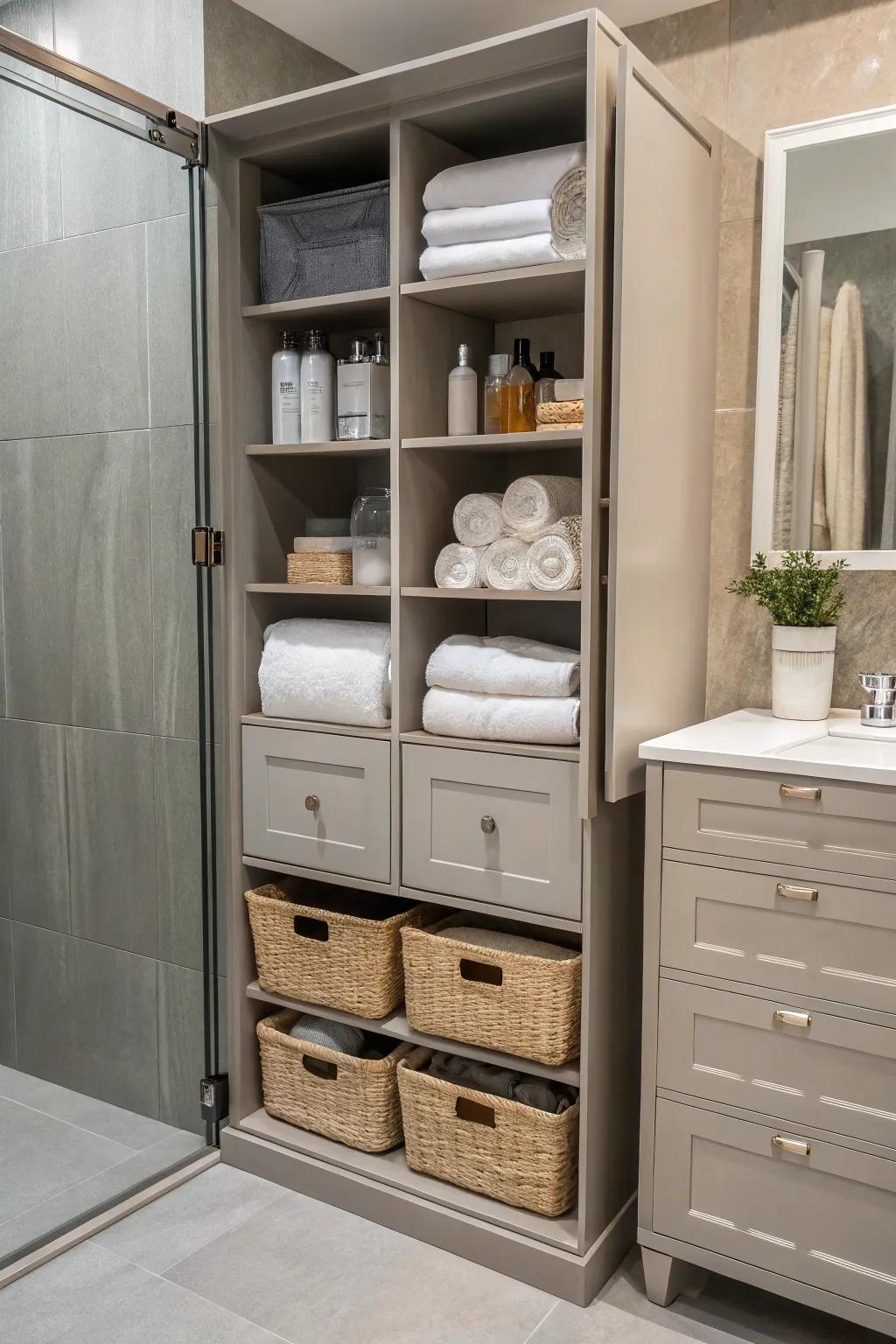 A multi storage unit offering drawers and shelves for versatility.