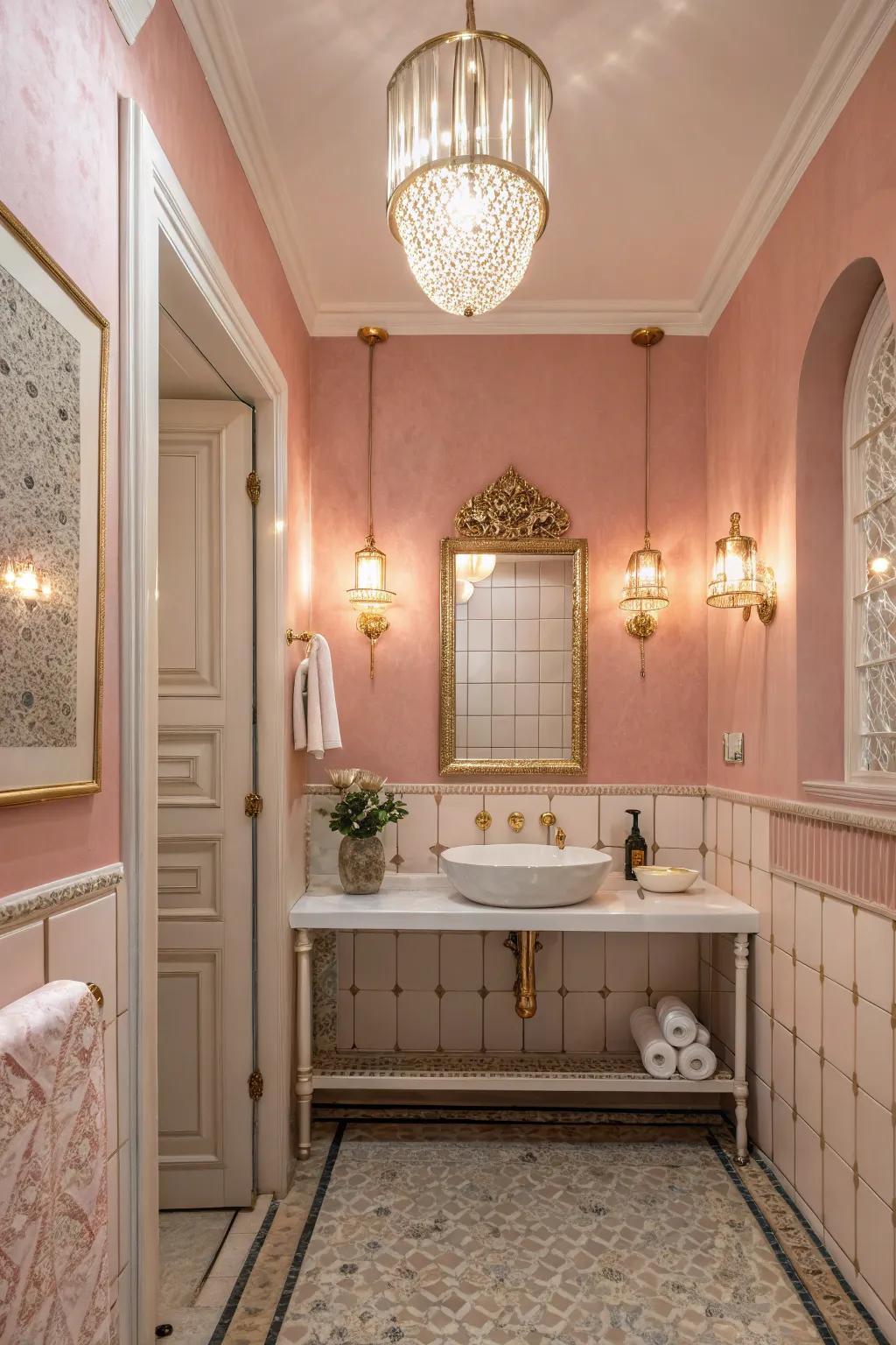 Blushing rouge tints fashion a mild and soothing restroom.